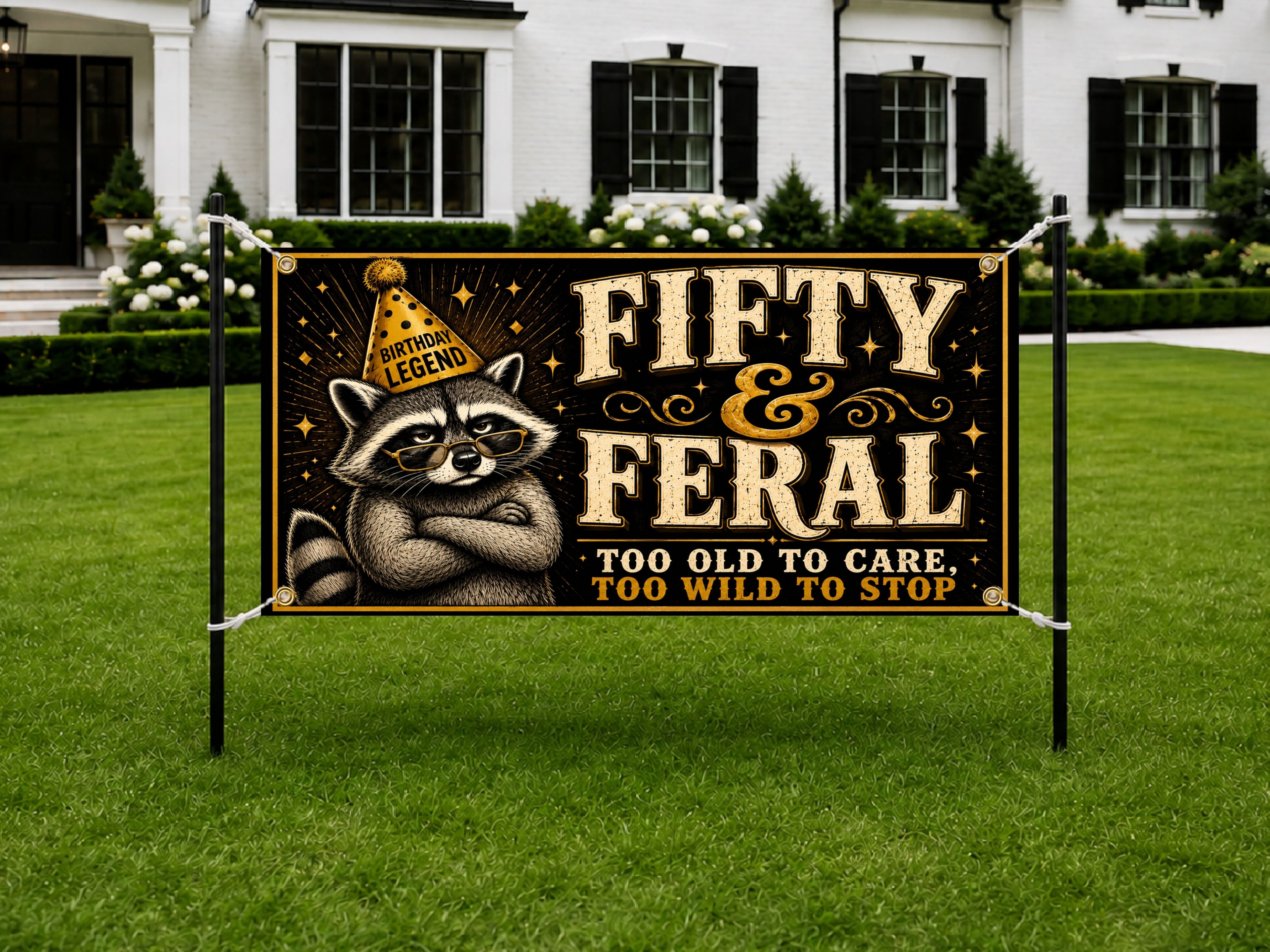 50th Birthday Banner, Fifty and Feral Party Backdrop, Funny Raccoon Sign