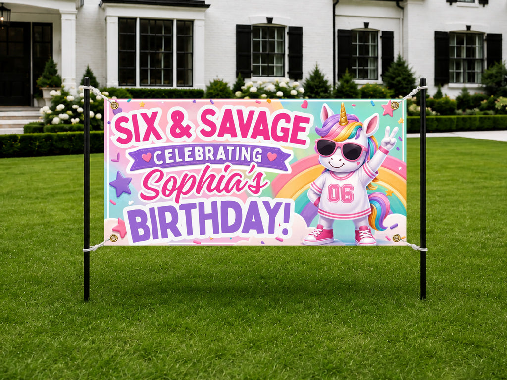 Six and Savage Unicorn Birthday Banner, 6 Year Old Birthday Party Rainbow Decor for Girls