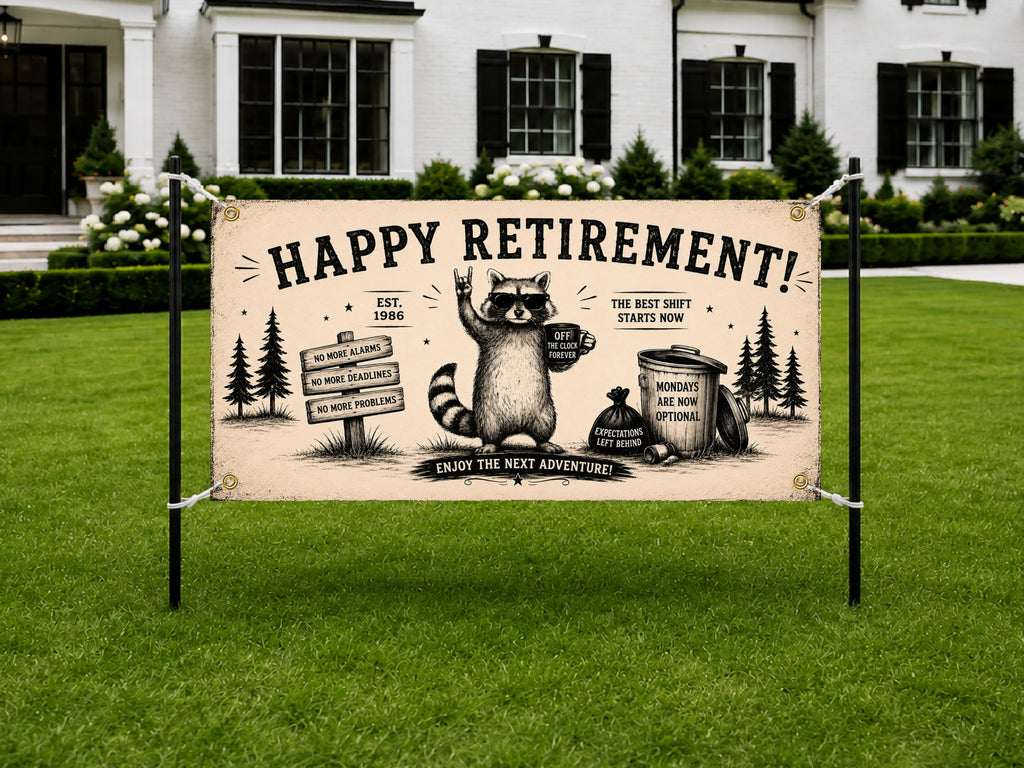 Funny Retirement Banner, Raccoon Retirement Sign, Farewell Party Backdrop