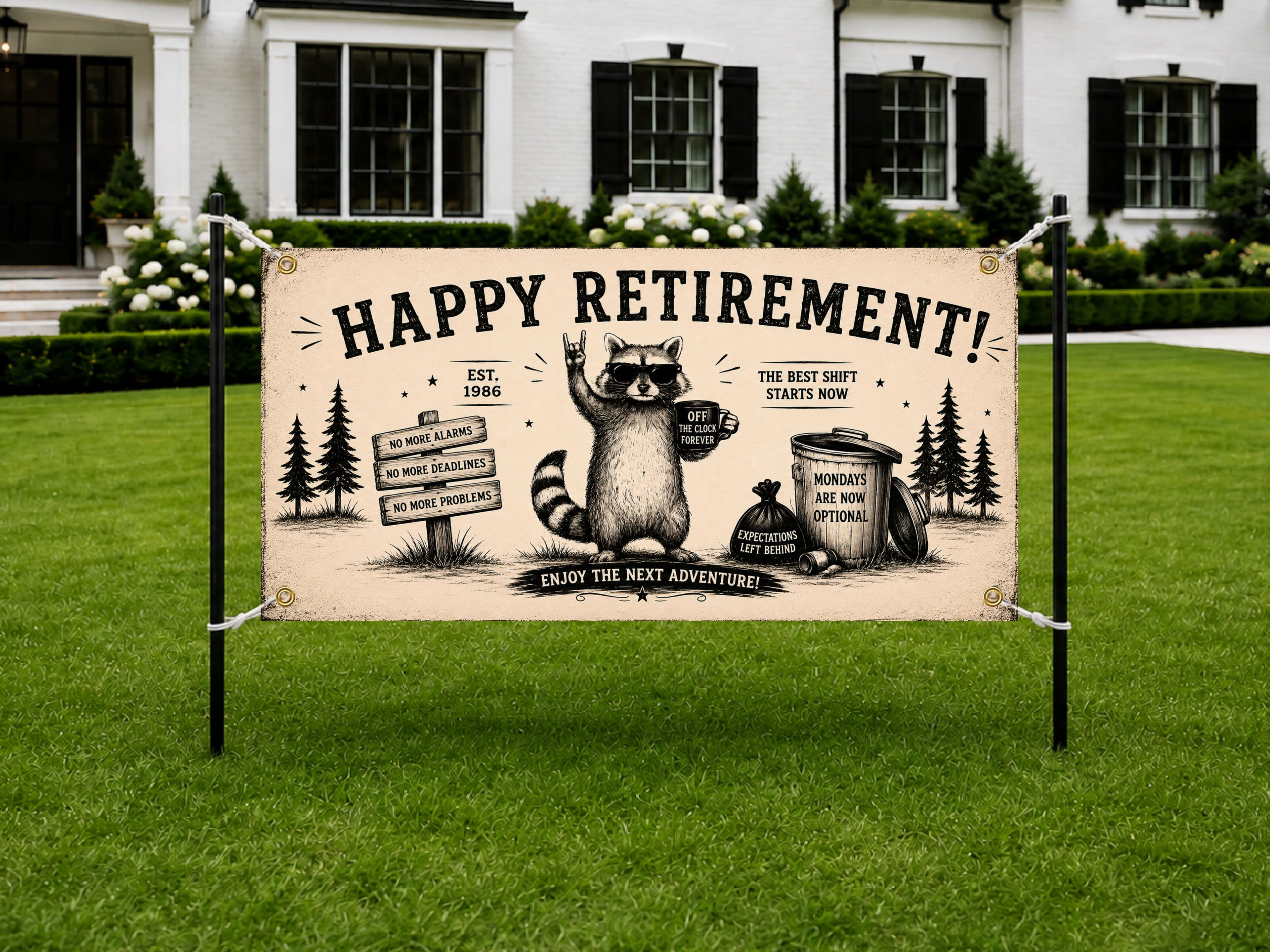 Funny Retirement Banner, Raccoon Retirement Sign, Farewell Party Backdrop