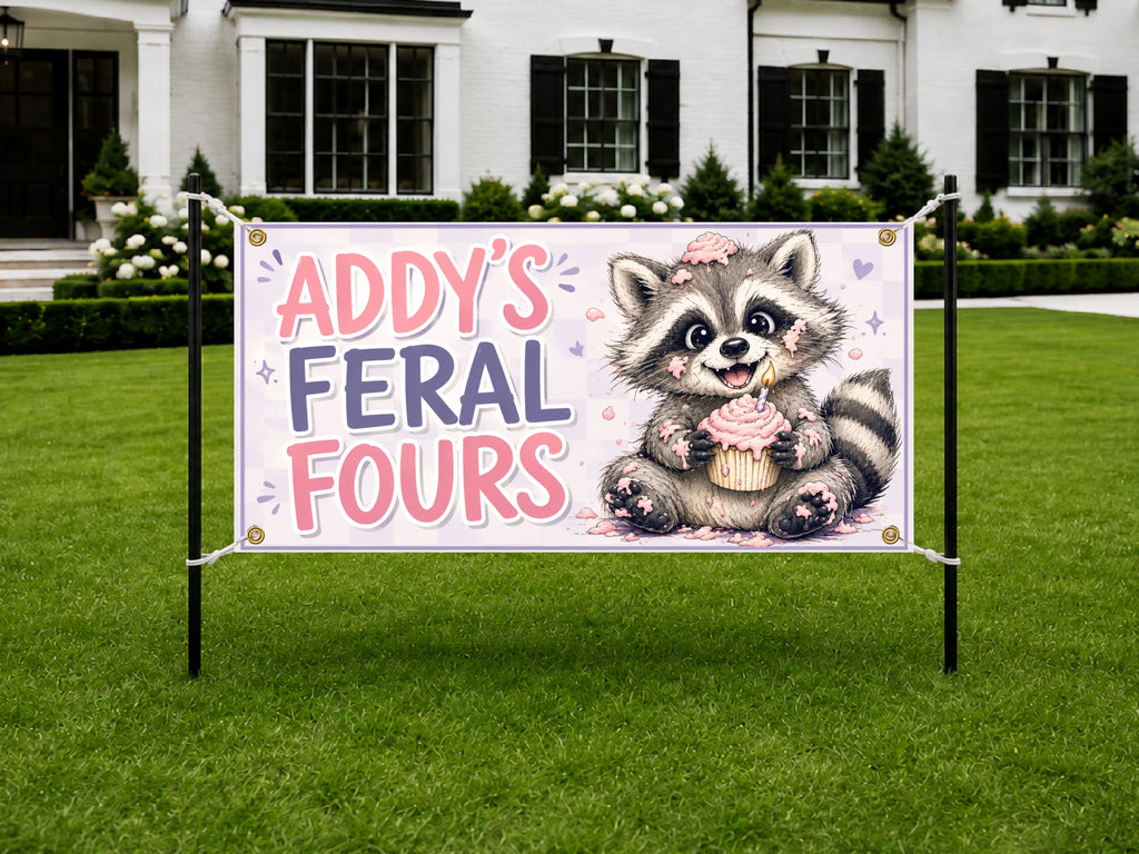 Feral 4th Birthday Banner, Raccoon Party Sign, Personalized Backdrop