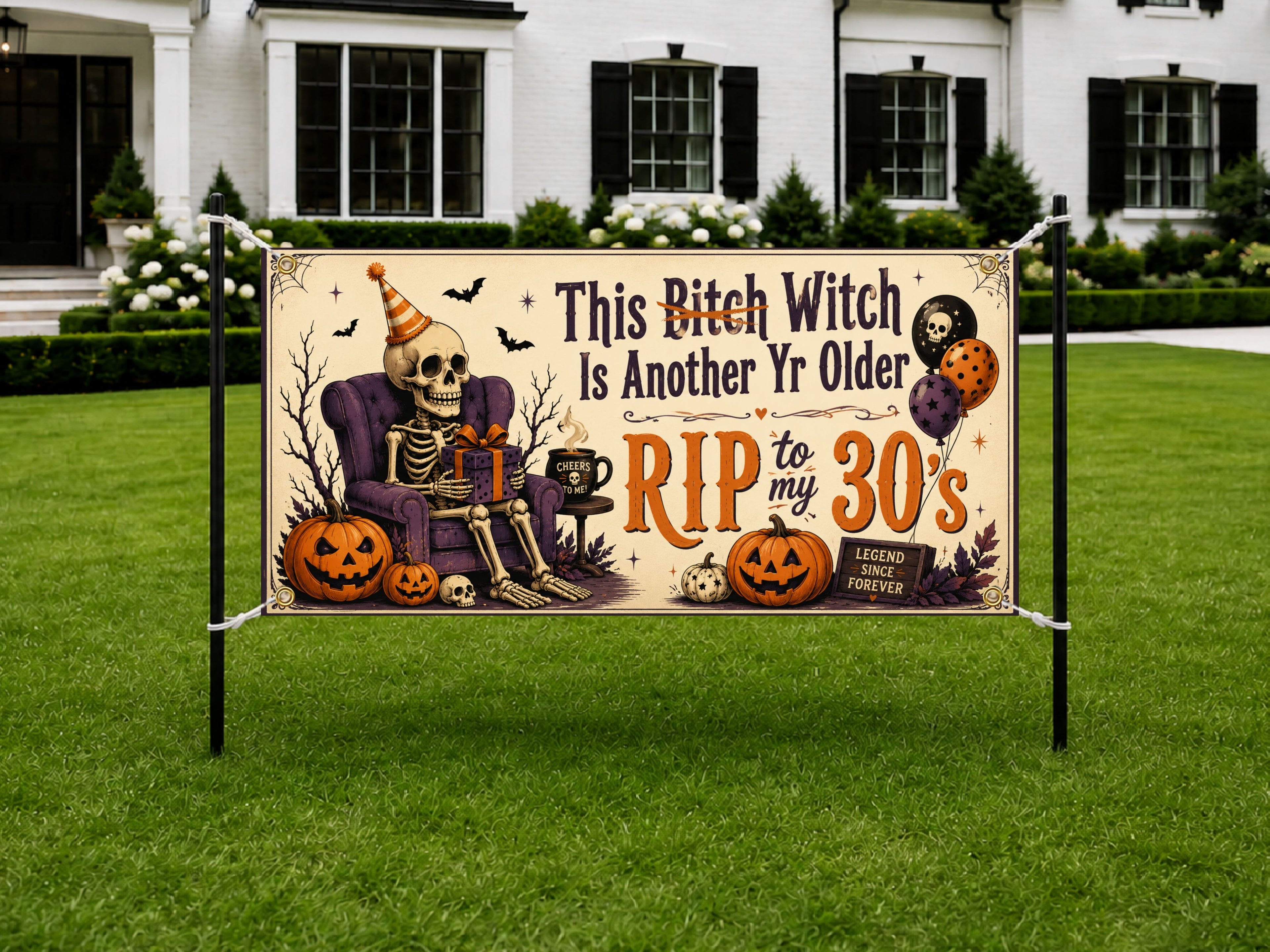 Funny 40th Birthday Banner, Skeleton Birthday Backdrop, Halloween Party Decor