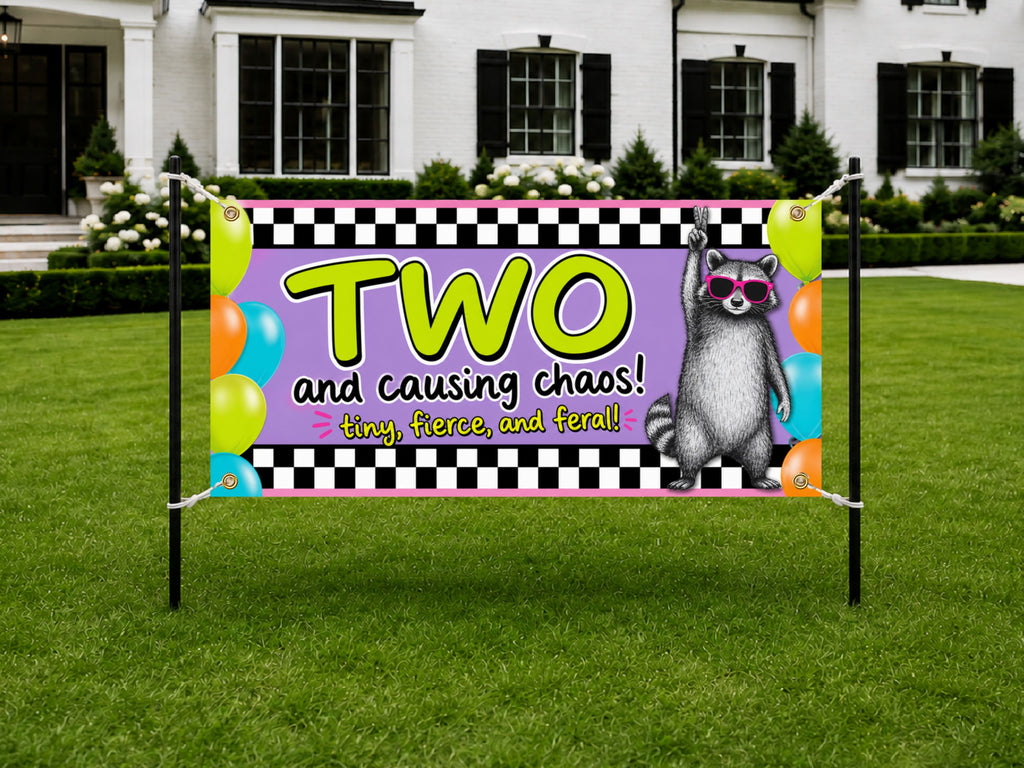 Funny 2nd Birthday Banner, Raccoon Party Sign, Toddler Backdrop