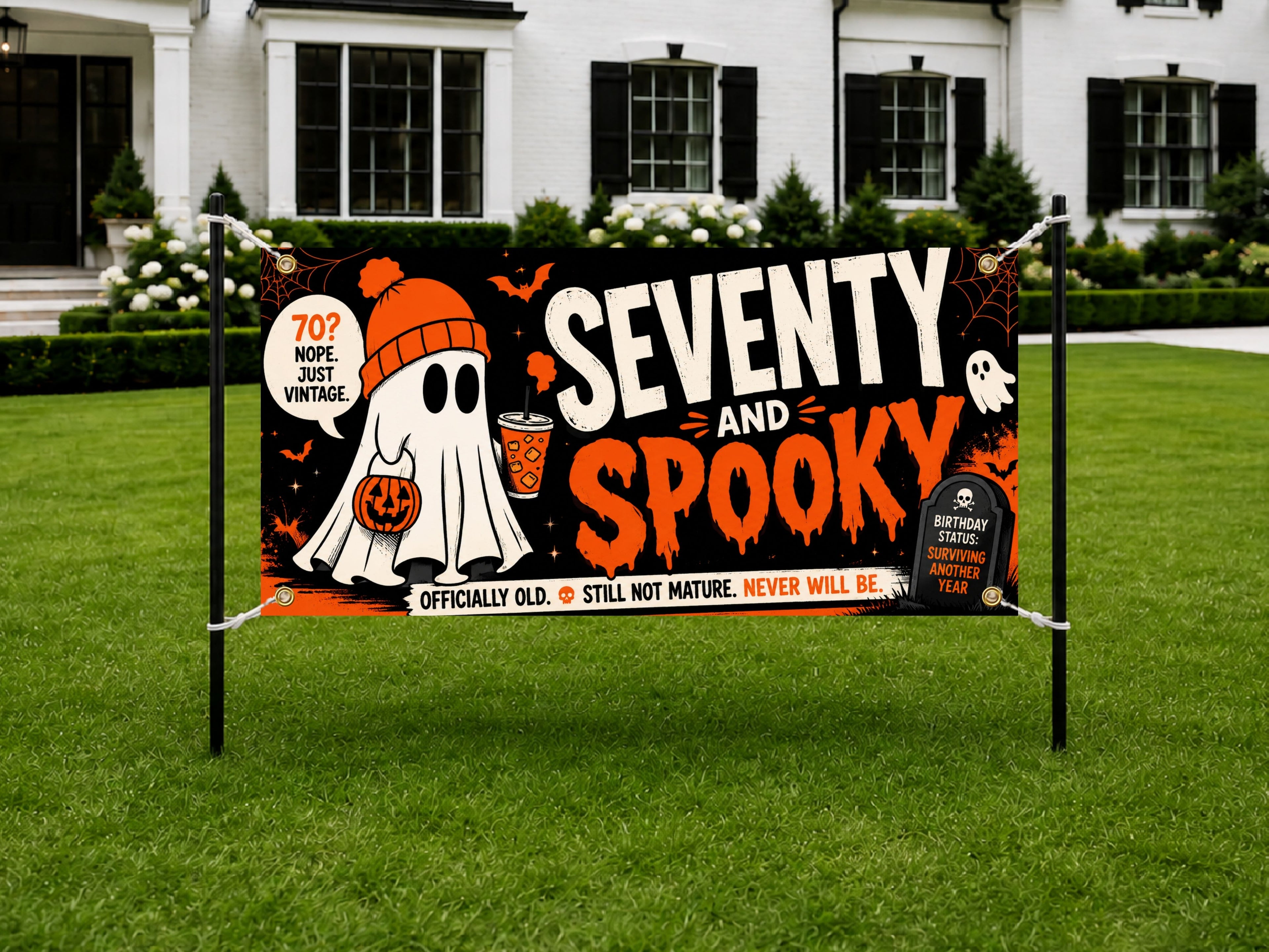 Funny 70th Birthday Banner, Seventy And Spooky Party Sign, Ghost Backdrop