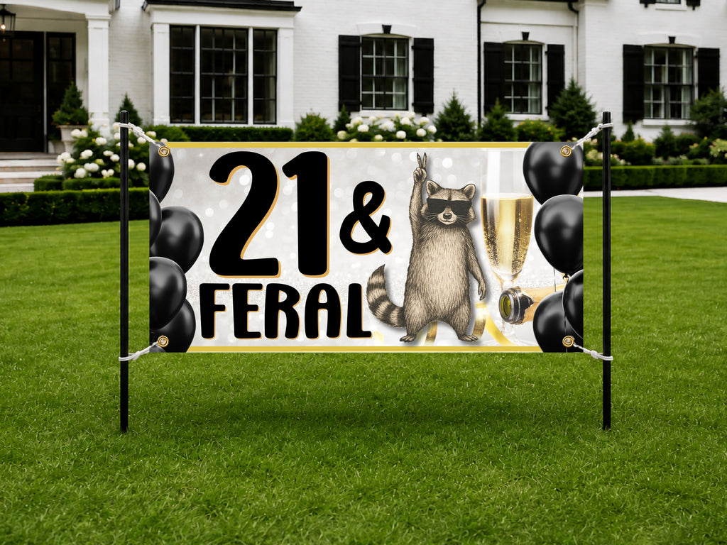 21st Birthday Banner, Feral 21 Party Sign, Raccoon Celebration Backdrop