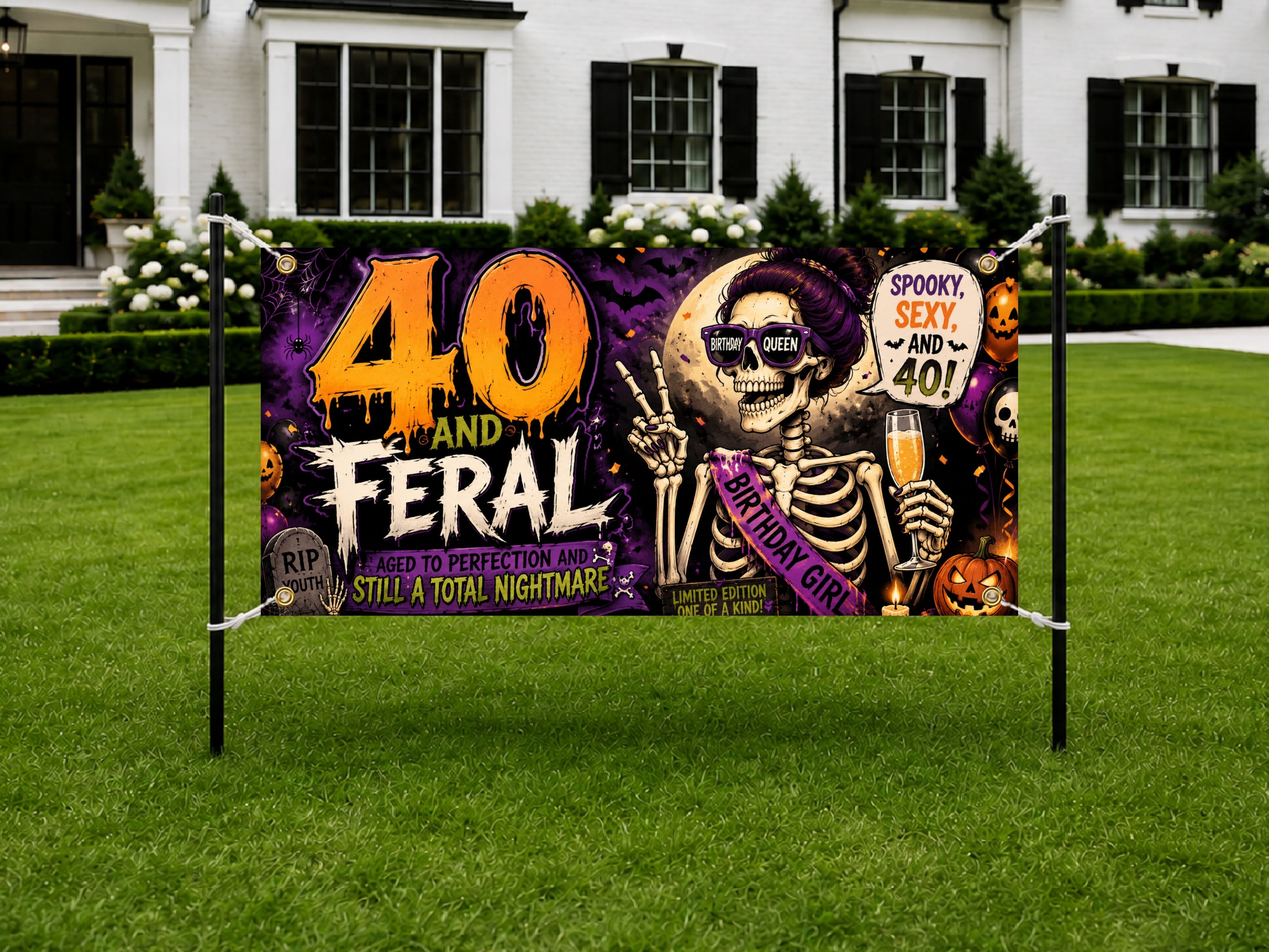 Funny 40th Birthday Banner, Forty And Feral Skeleton Party Sign, Women Backdrop