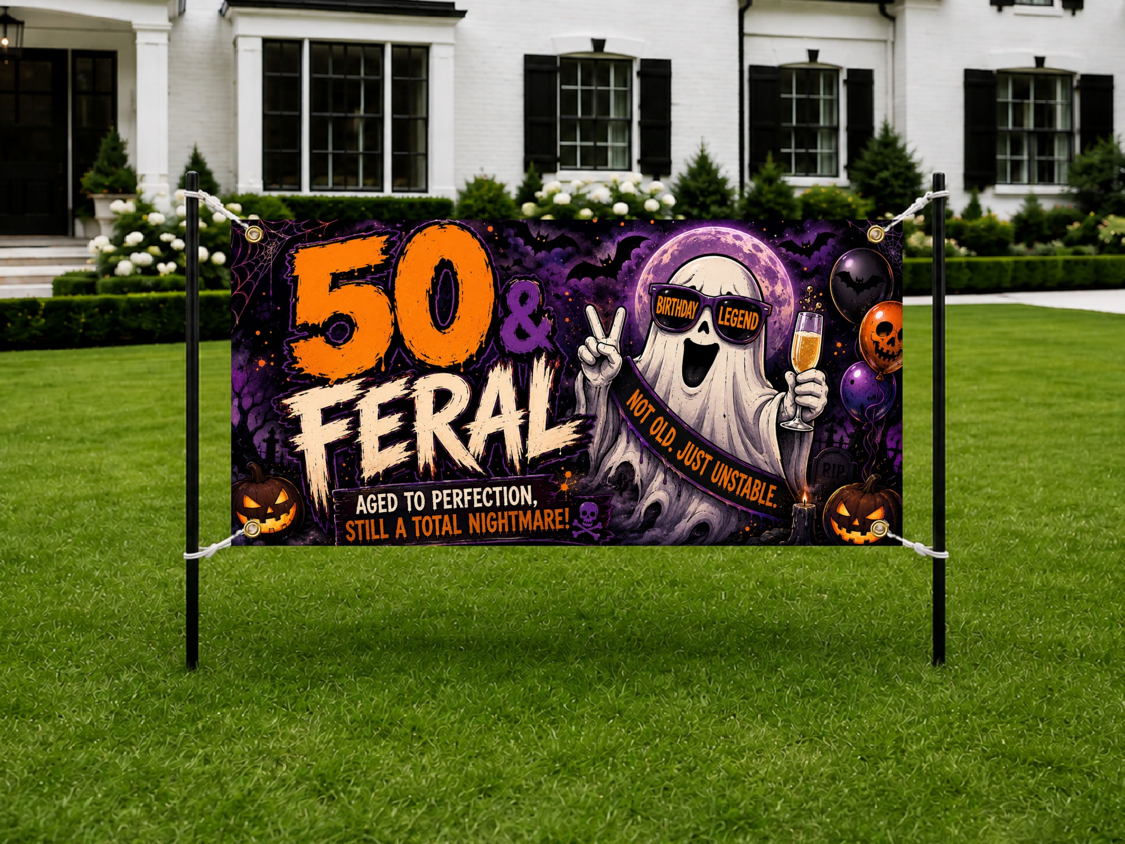 Funny 50th Birthday Banner, Feral Fifty Ghost Party Sign, Halloween Backdrop