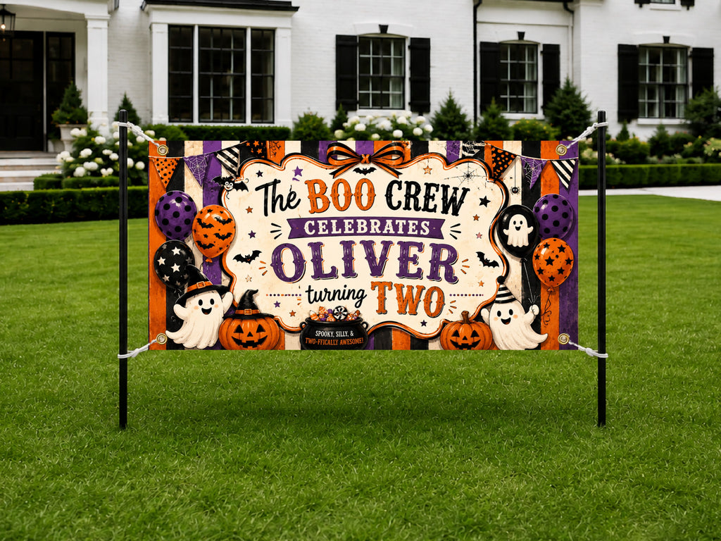 Halloween 2nd Birthday Banner, Boo Crew Party Sign, Spooky Photo Backdrop