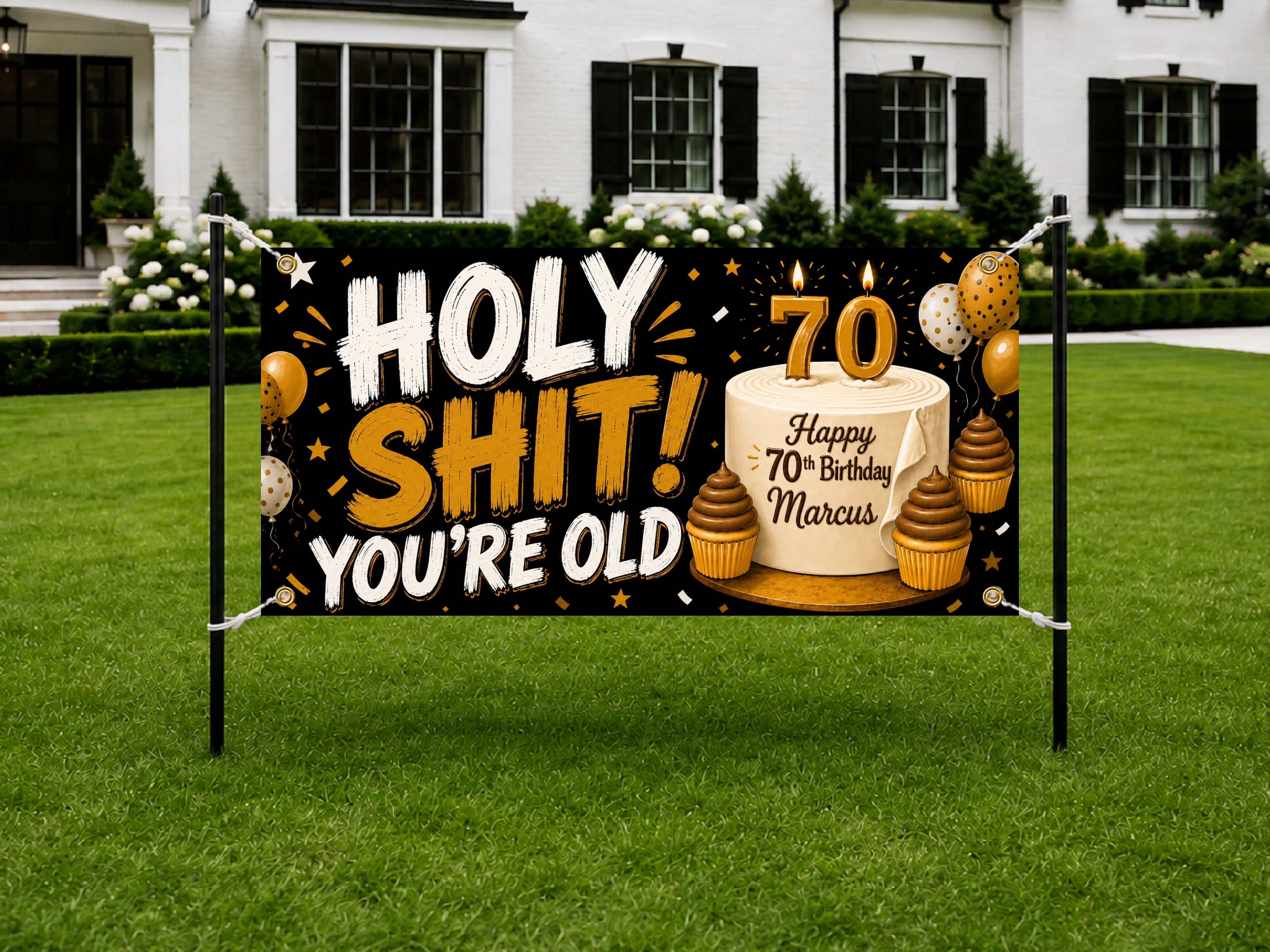 Funny 70th Birthday Banner, Holy Shit Party Sign, Cake Backdrop