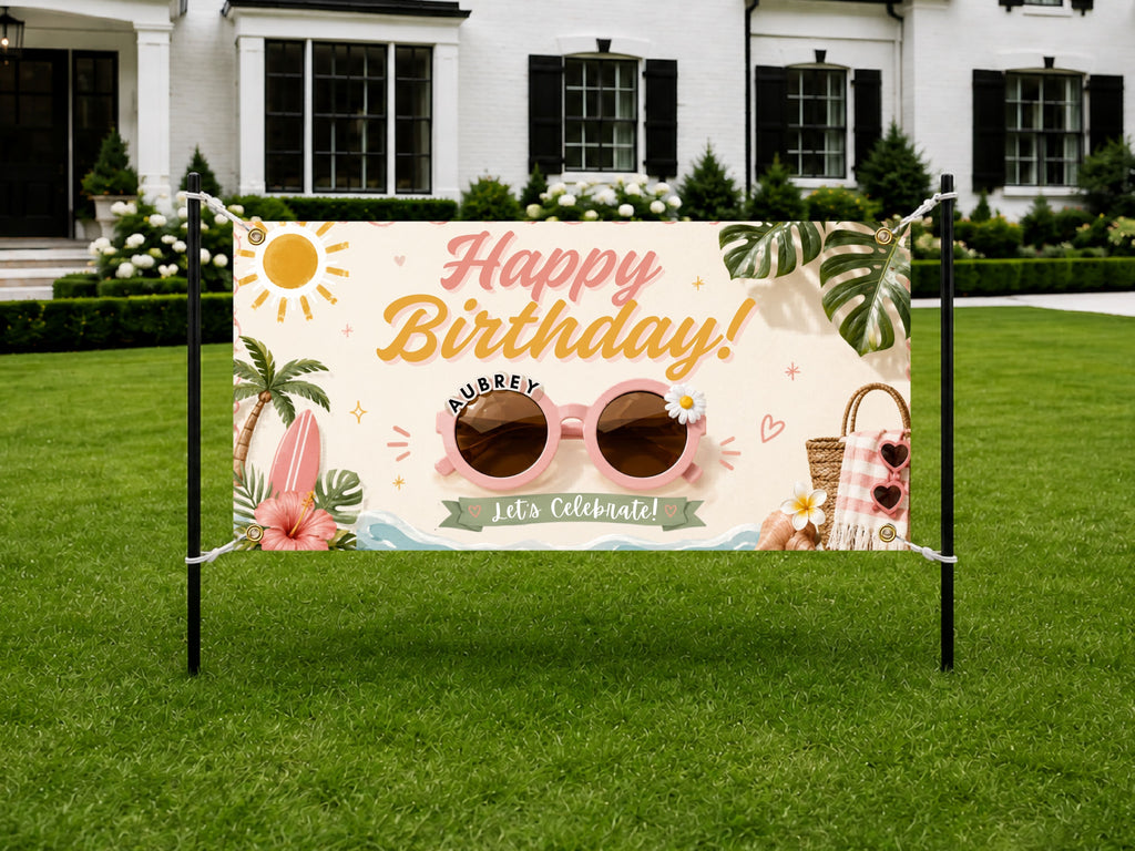 Kids Tropical Birthday Banner, Beach Party Birthday Sign, Summer Birthday Decor