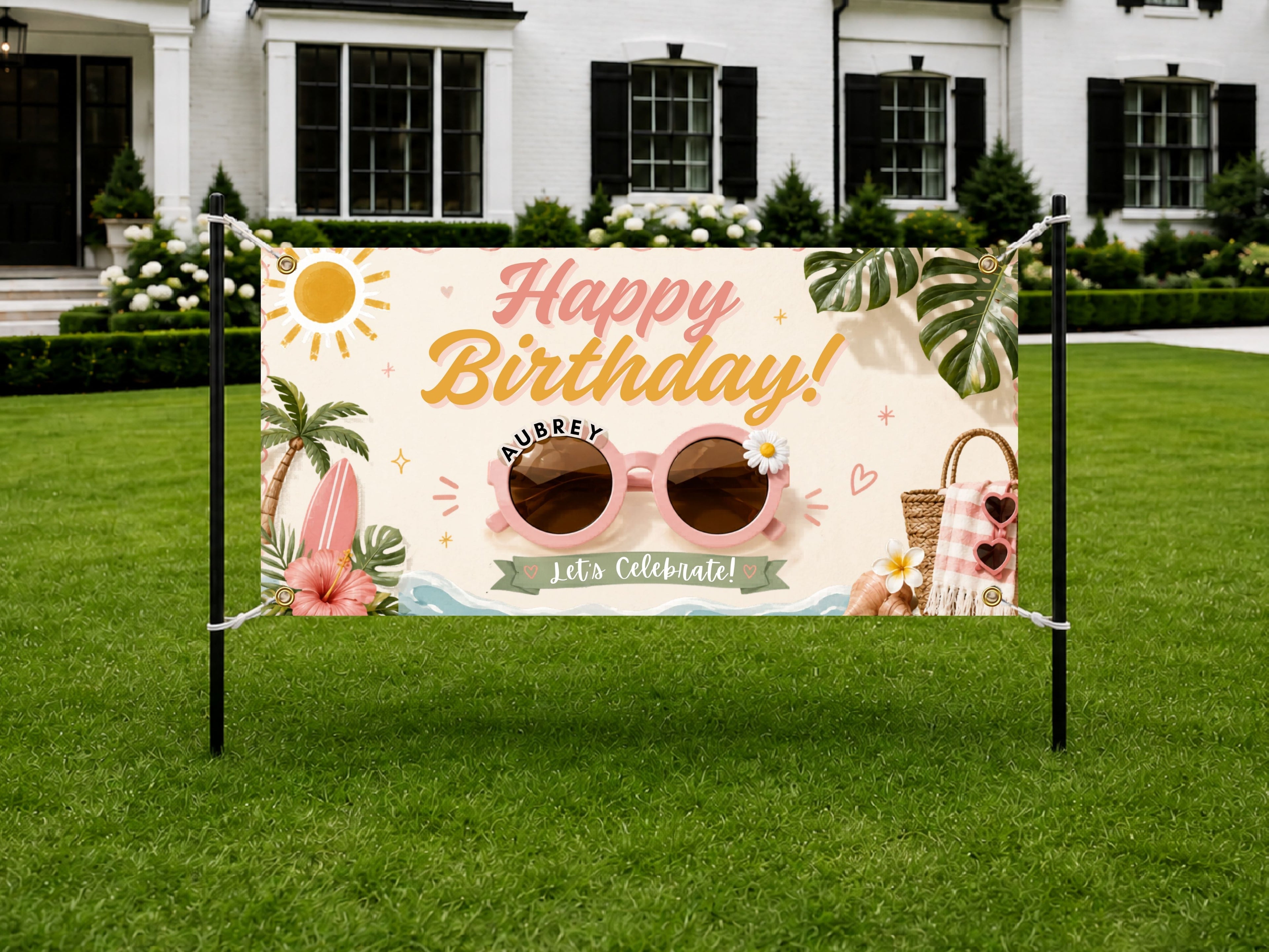 Kids Tropical Birthday Banner, Beach Party Birthday Sign, Summer Birthday Decor
