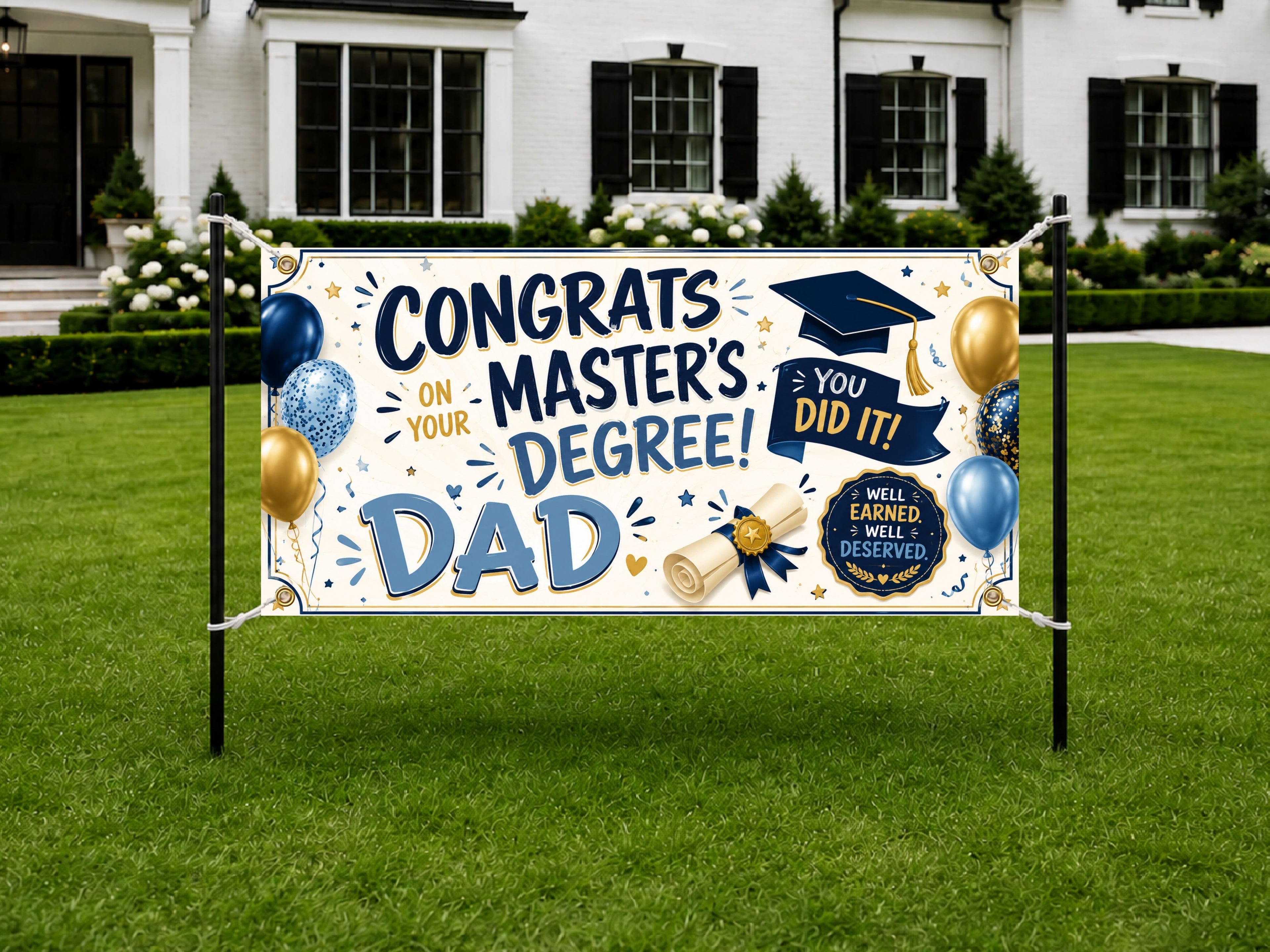 Masters Degree Banner, Dad Graduation Party Sign, Masters Grad Backdrop