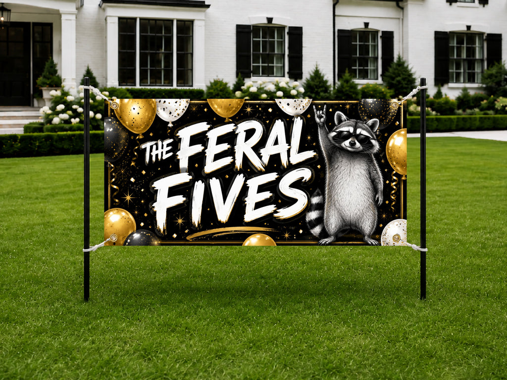 5th Birthday Banner, Feral Fives Party Backdrop, Funny Raccoon Sign