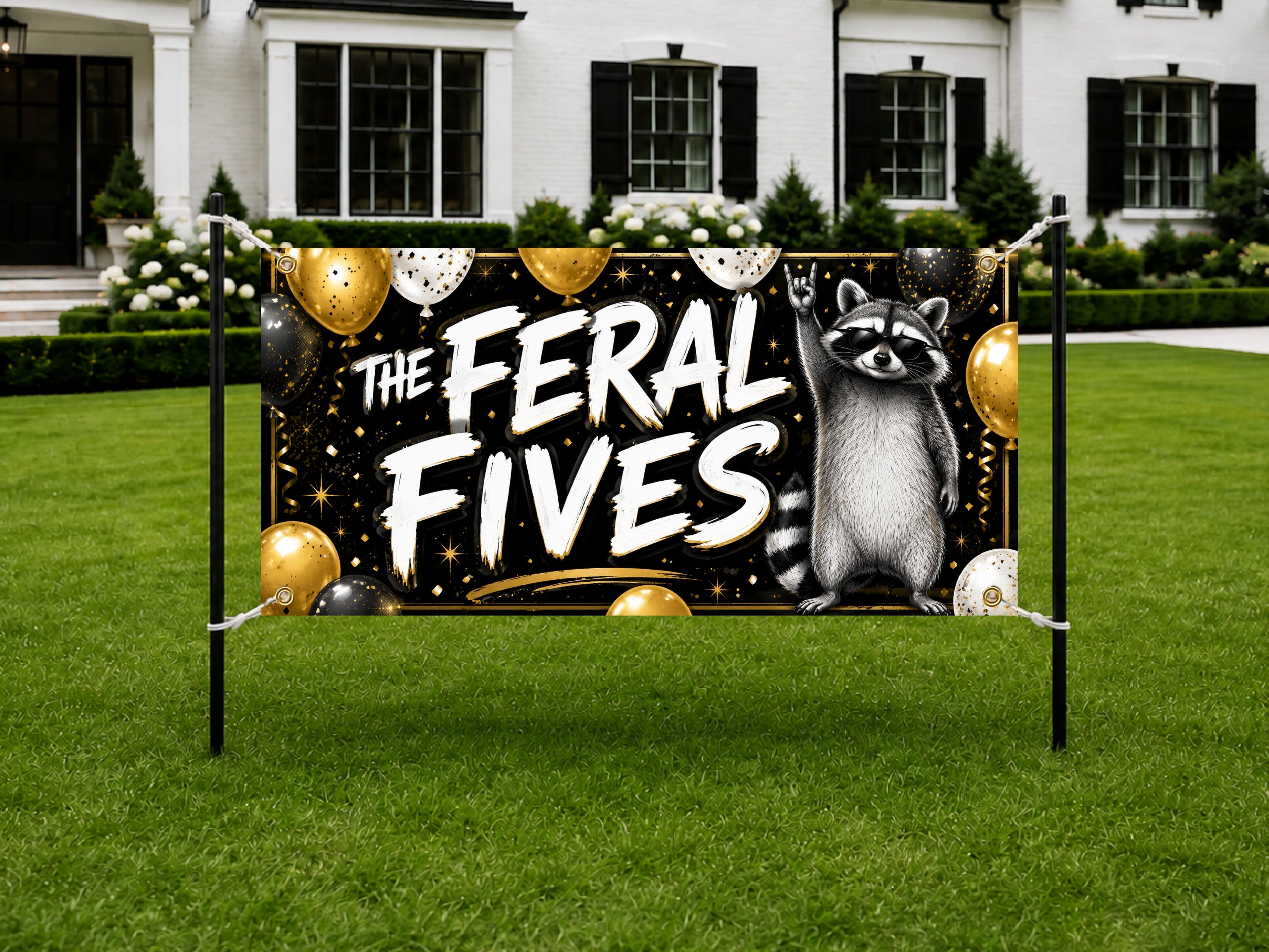5th Birthday Banner, Feral Fives Party Backdrop, Funny Raccoon Sign