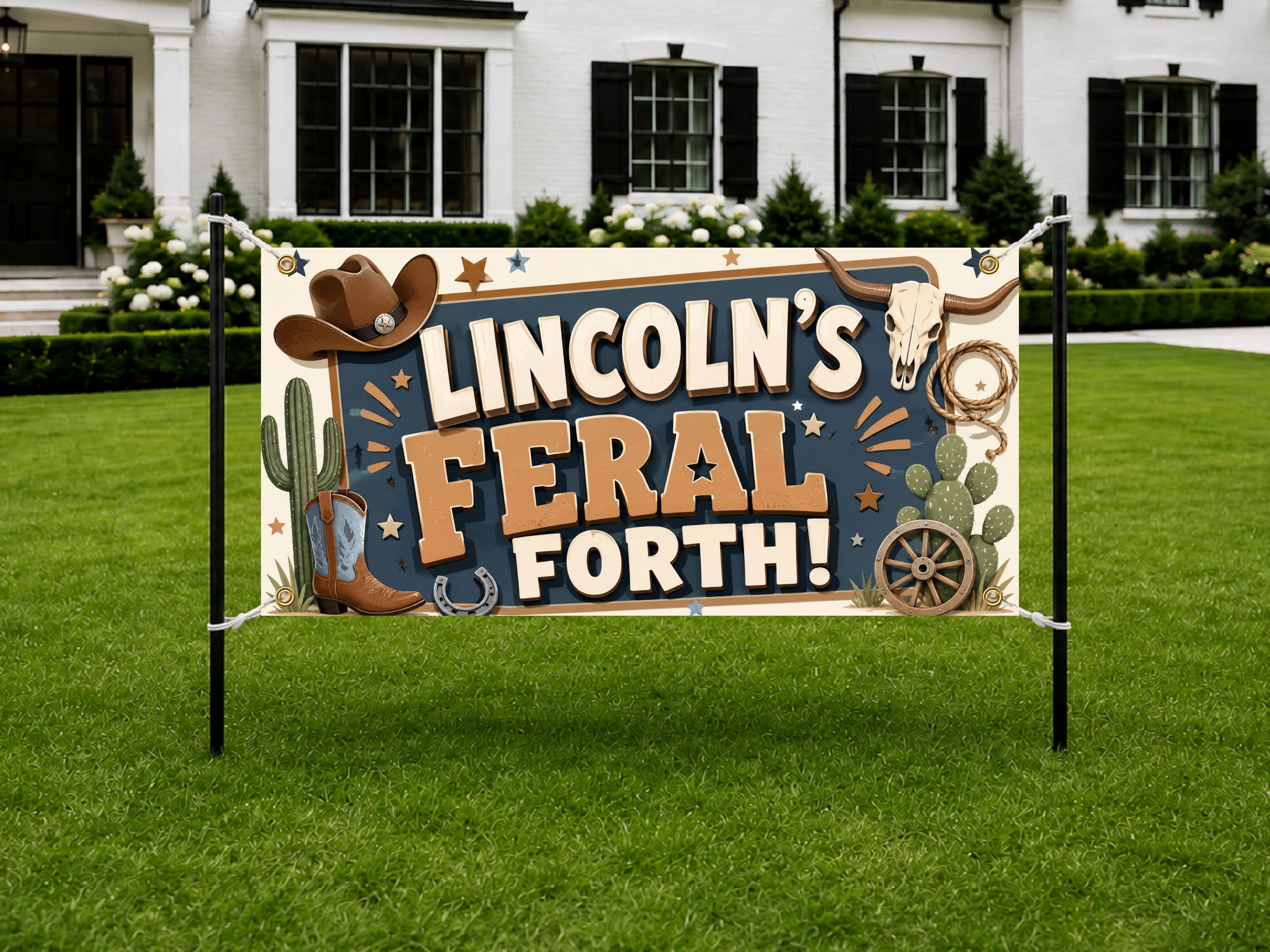 Feral Fourth Birthday Banner, Four and 4 Year Old Cowboy Western Birthday Party Decor