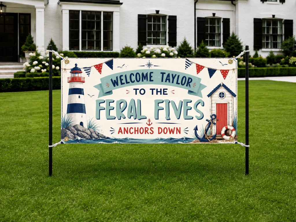 Nautical Birthday Banner, Five and 5 Year Old Beach Birthday Party Decor, Personalized Coastal Birthday Sign