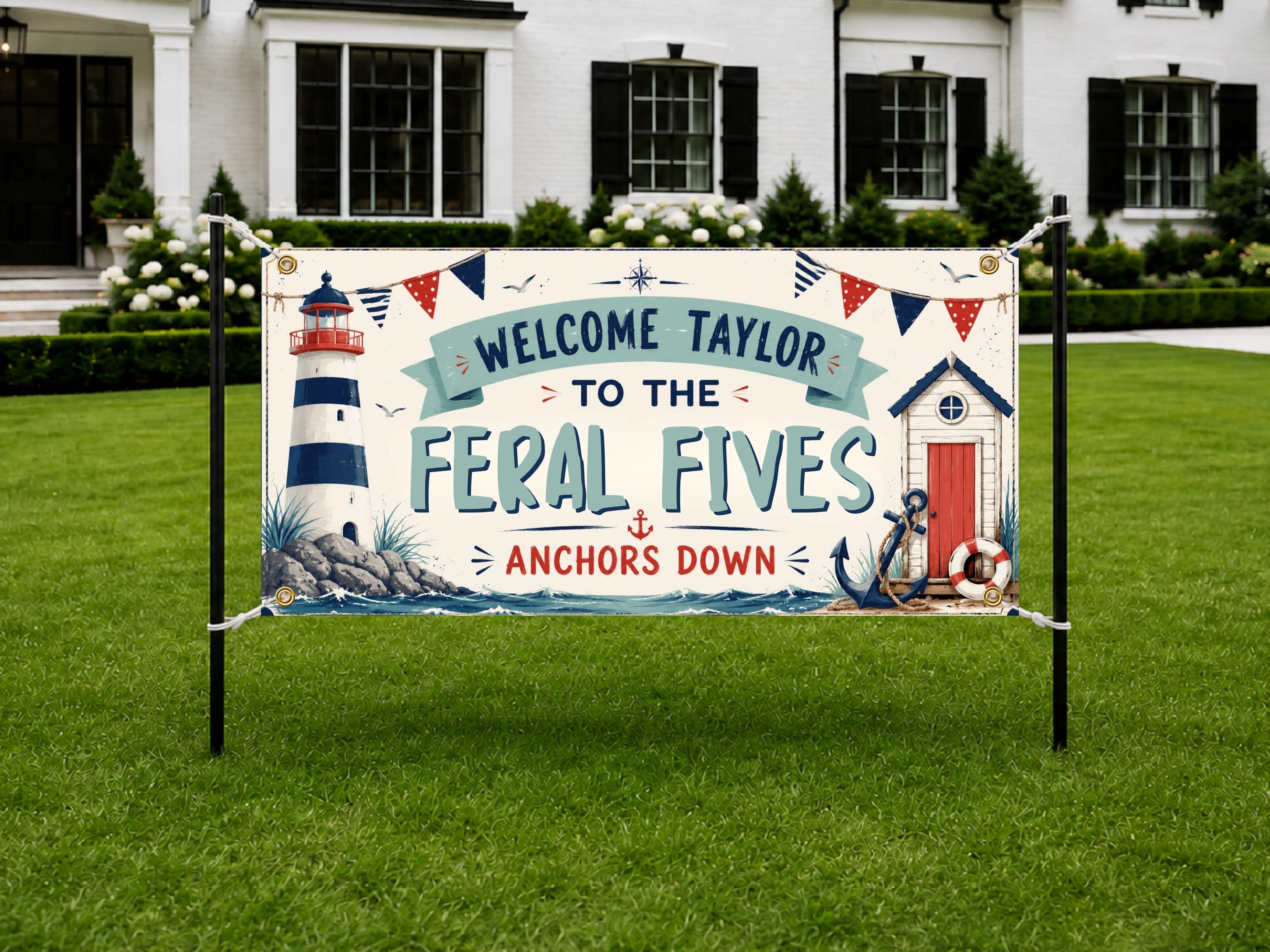 Nautical Birthday Banner, Five and 5 Year Old Beach Birthday Party Decor, Personalized Coastal Birthday Sign
