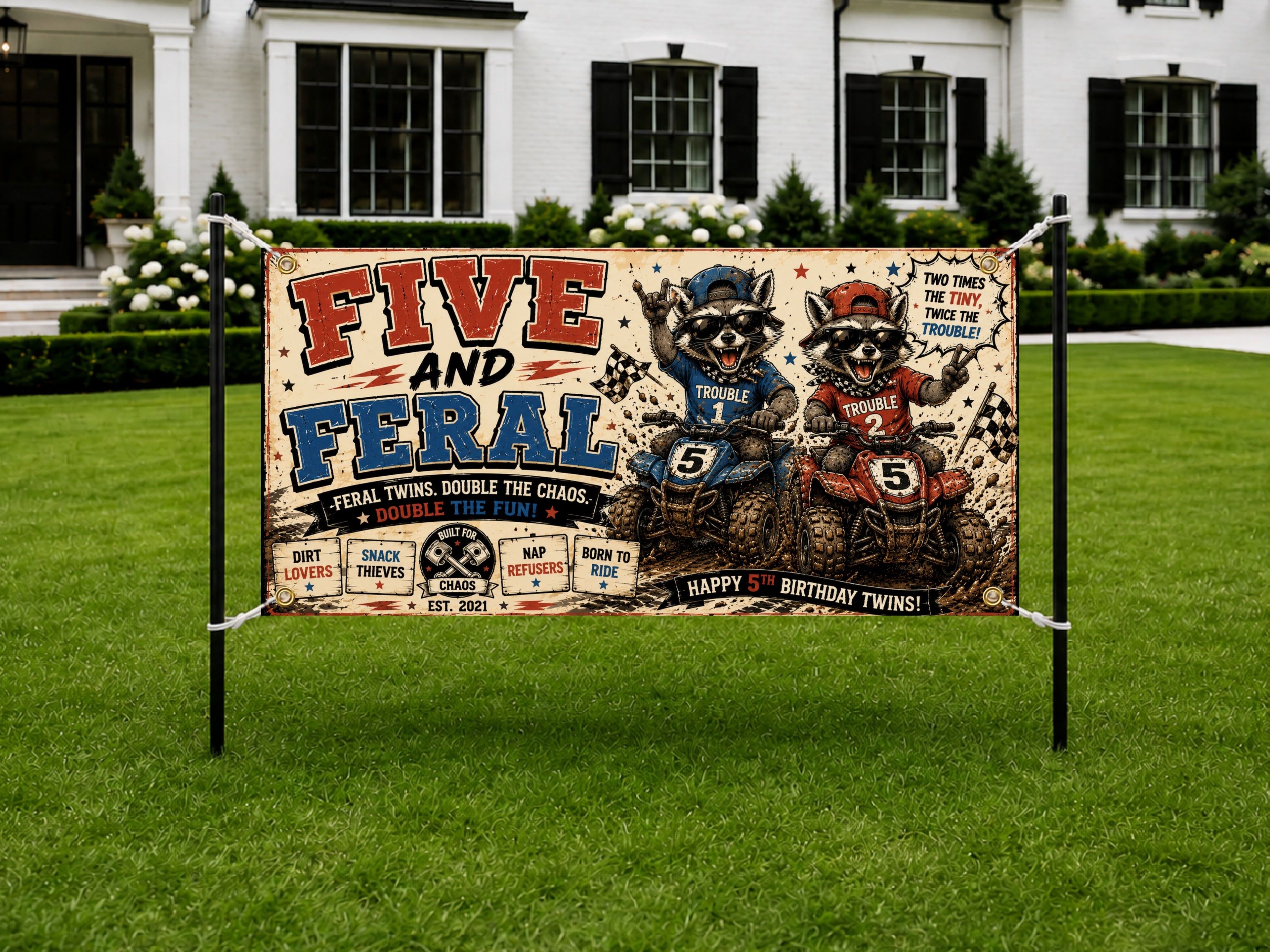 Funny 5th Birthday Banner, Twin ATV Raccoon Sign, Personalized Kids Birthday Banner