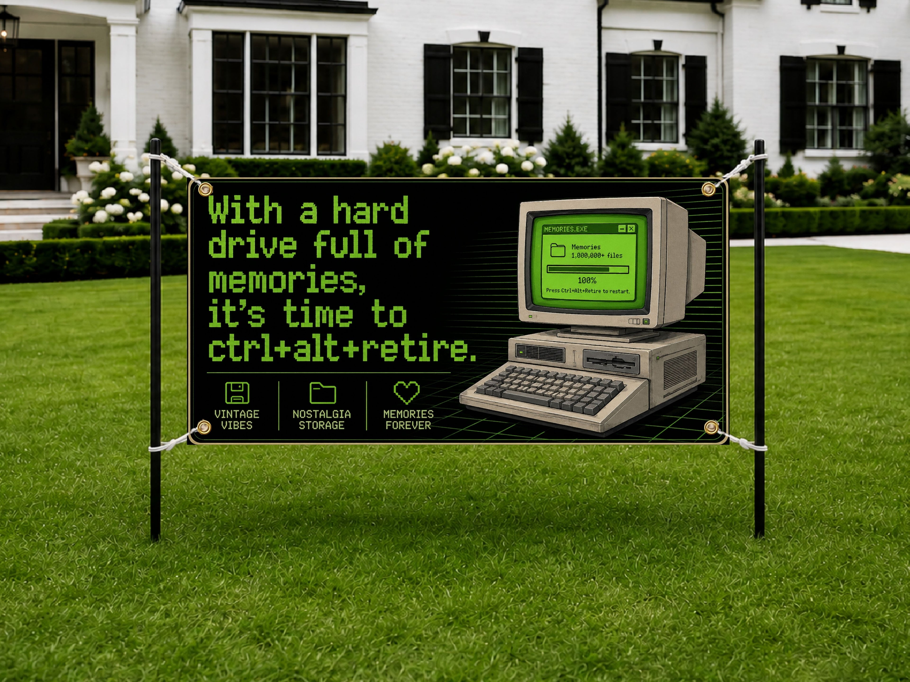 Funny Retirement Banner, Retro Computer Sign, Office Farewell Backdrop