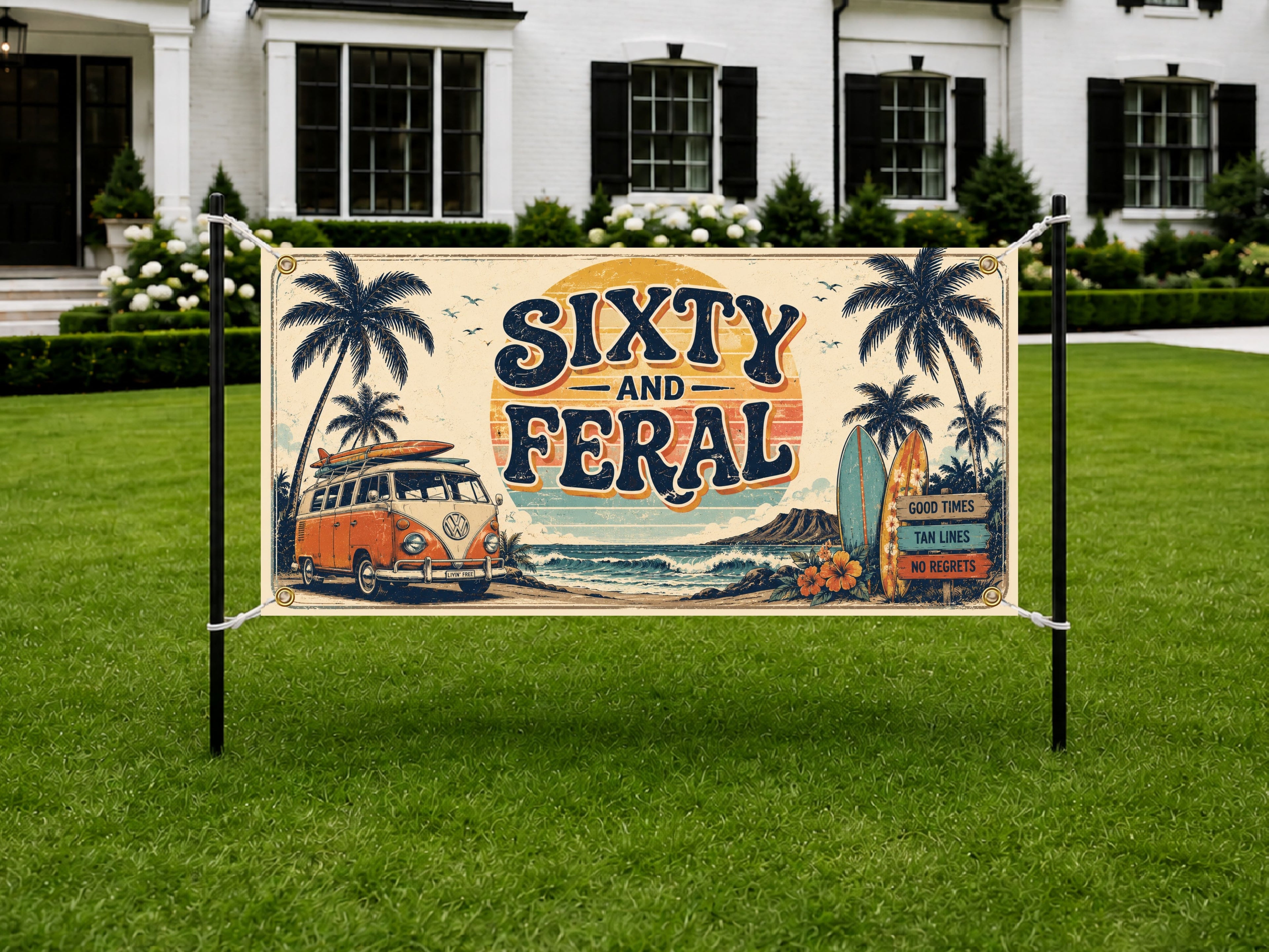 Funny 60th Birthday Banner, Sixty and Feral Party Sign, Custom Backdrop