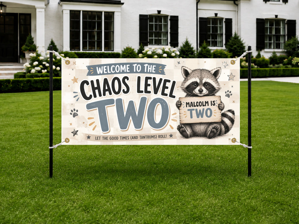 Chaos Level Two Birthday Banner, Raccoon 2nd Birthday Party Decoration, Two Wild Birthday Sign