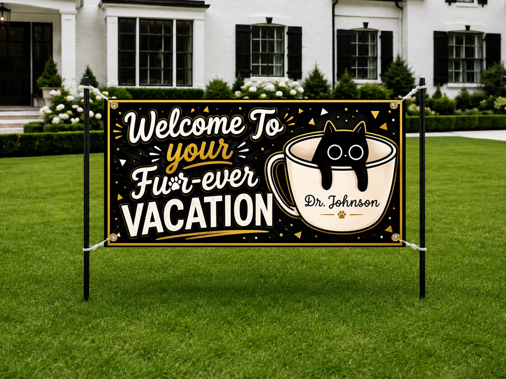 Retirement Party Banner, Funny Cat Retirement Sign, Forever Vacation Backdrop
