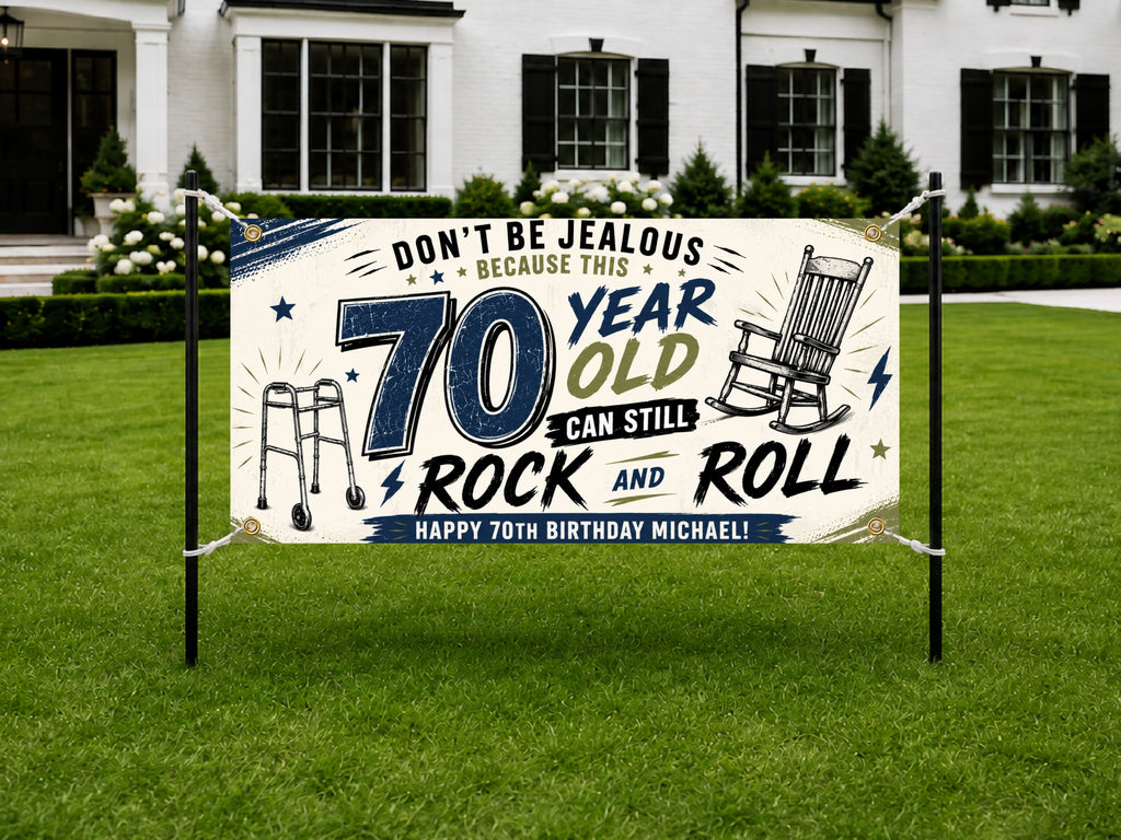 Funny 70th Birthday Banner, Rock and Roll Party Sign, Personalized Backdrop