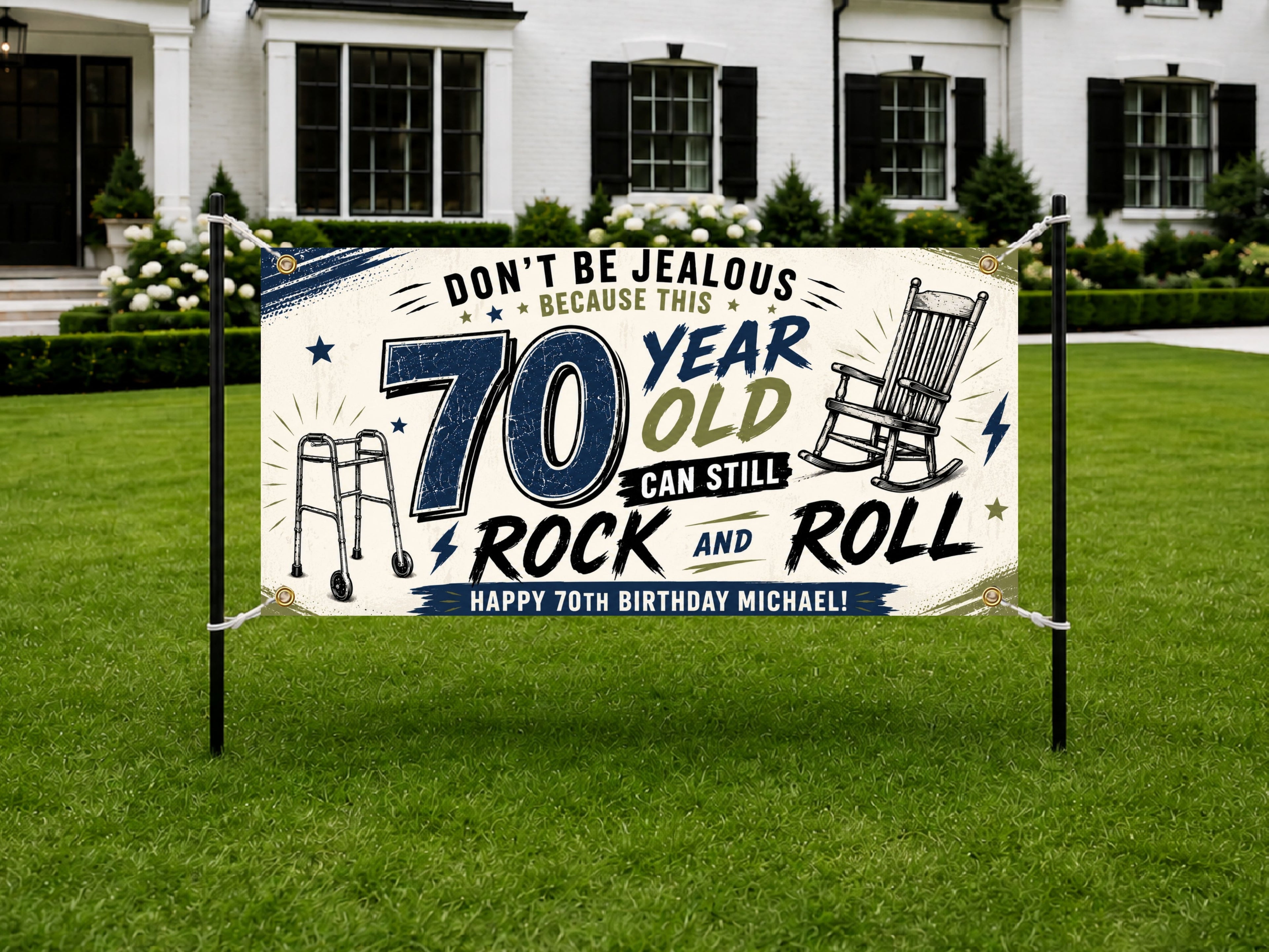 Funny 70th Birthday Banner, Rock and Roll Party Sign, Personalized Backdrop