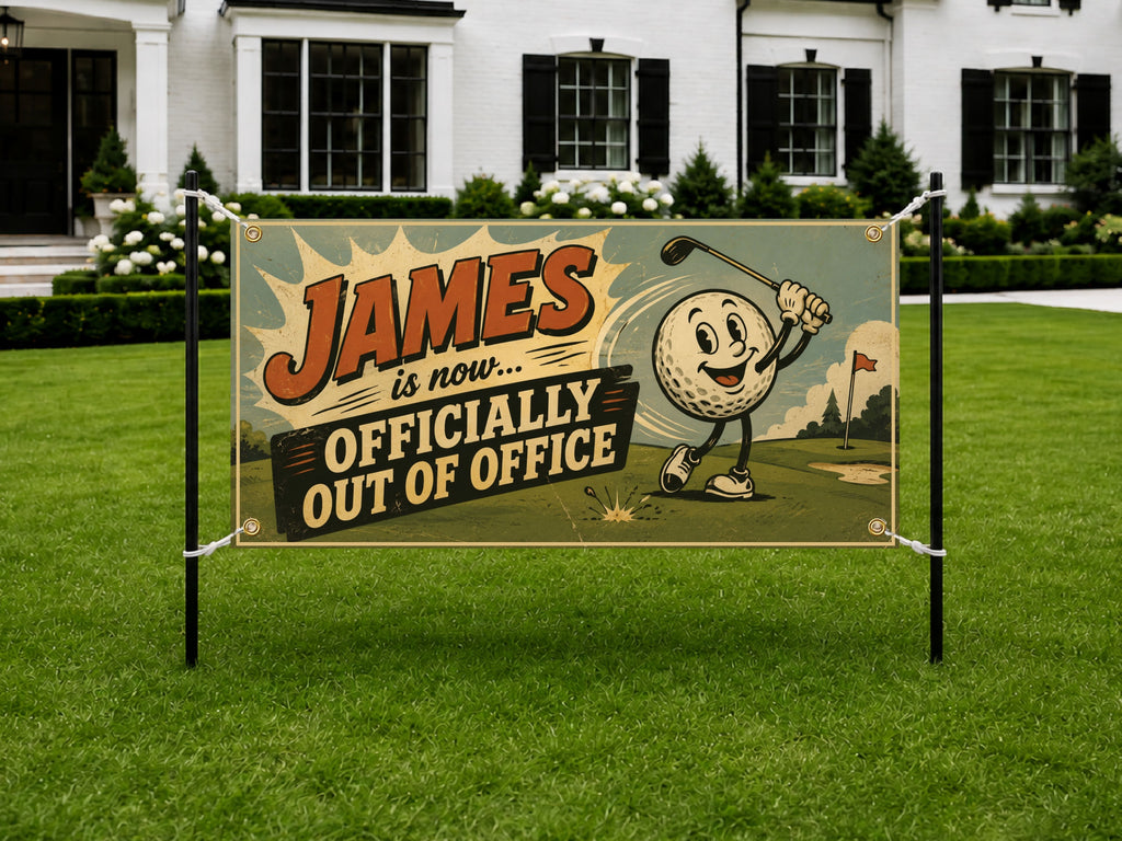 Funny Golf Retirement Banner | Retro Retirement Officially Out of Office Party Sign