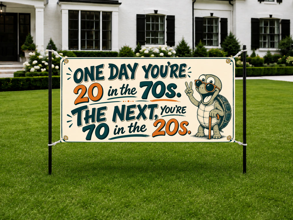 Funny 70th Birthday Banner, Turtle Party Sign, Aging Humor Backdrop