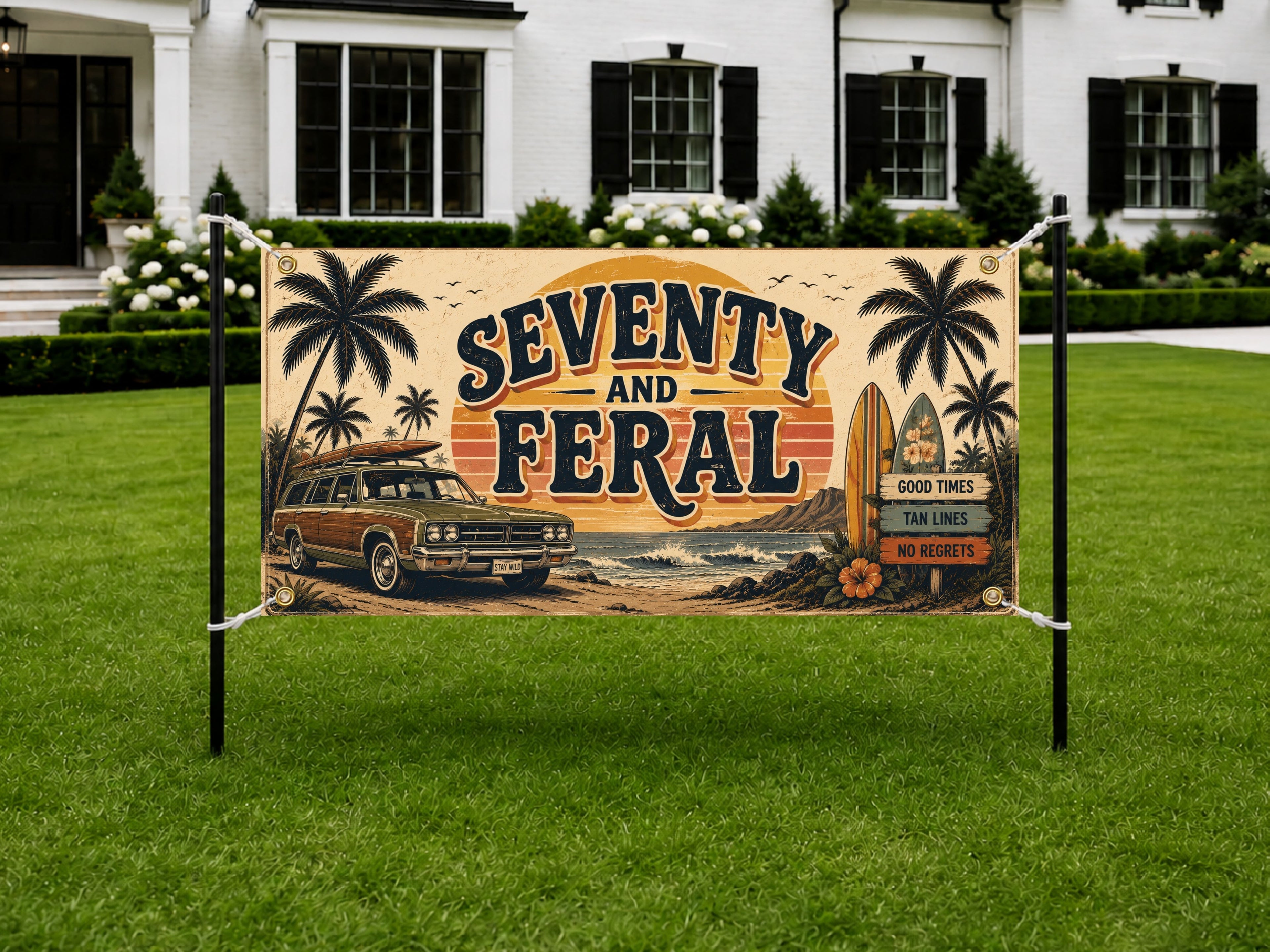 Funny 70th Birthday Banner, Seventy and Feral Party Sign, Custom Backdrop
