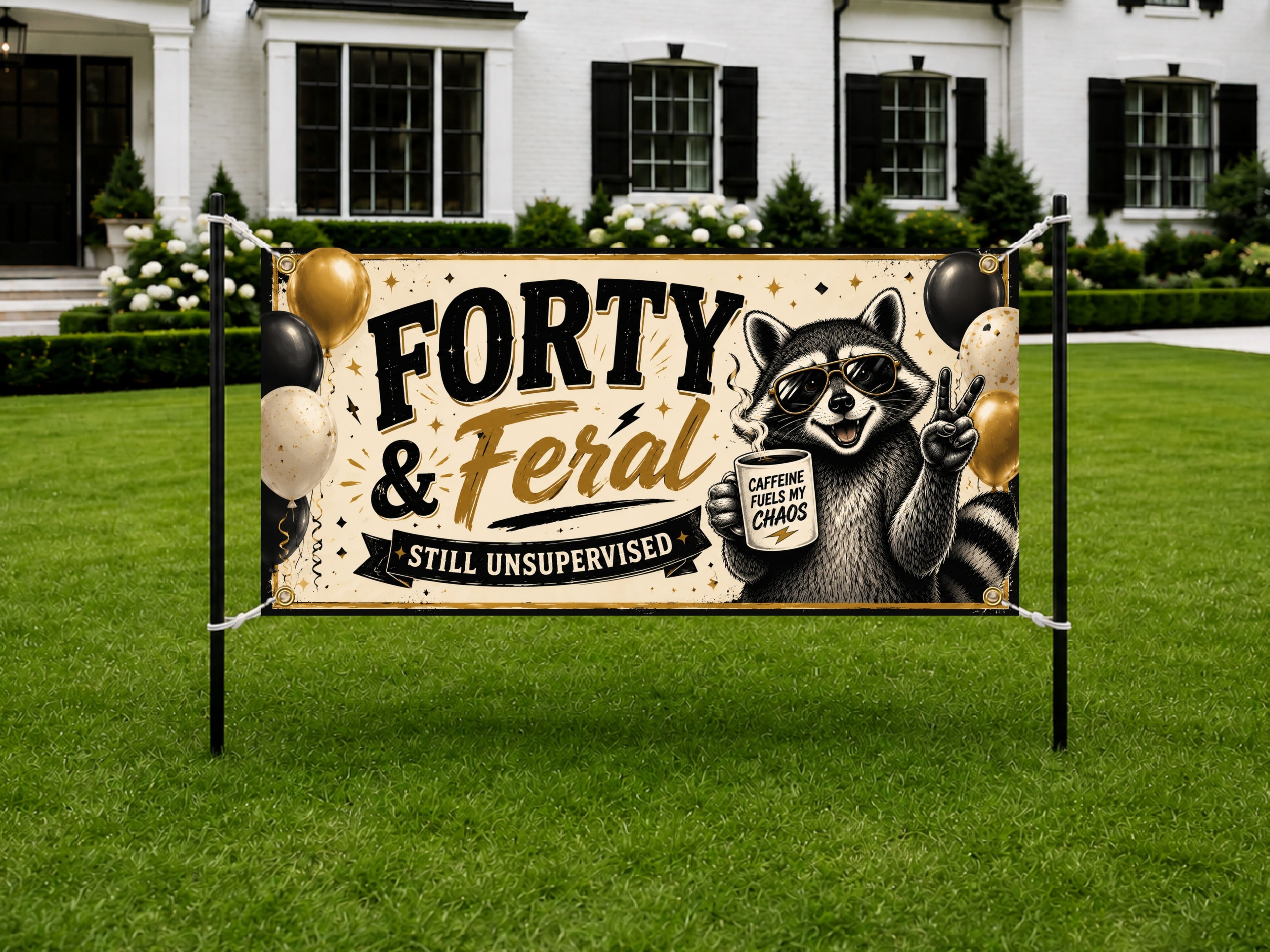 40th Birthday Banner, Forty and Feral Party Backdrop, Funny Raccoon Sign