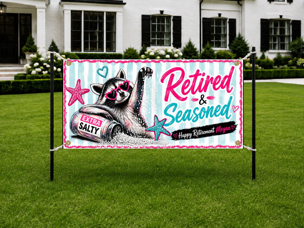 Funny Retirement Banner, Salty Raccoon Sign for Women at the Office