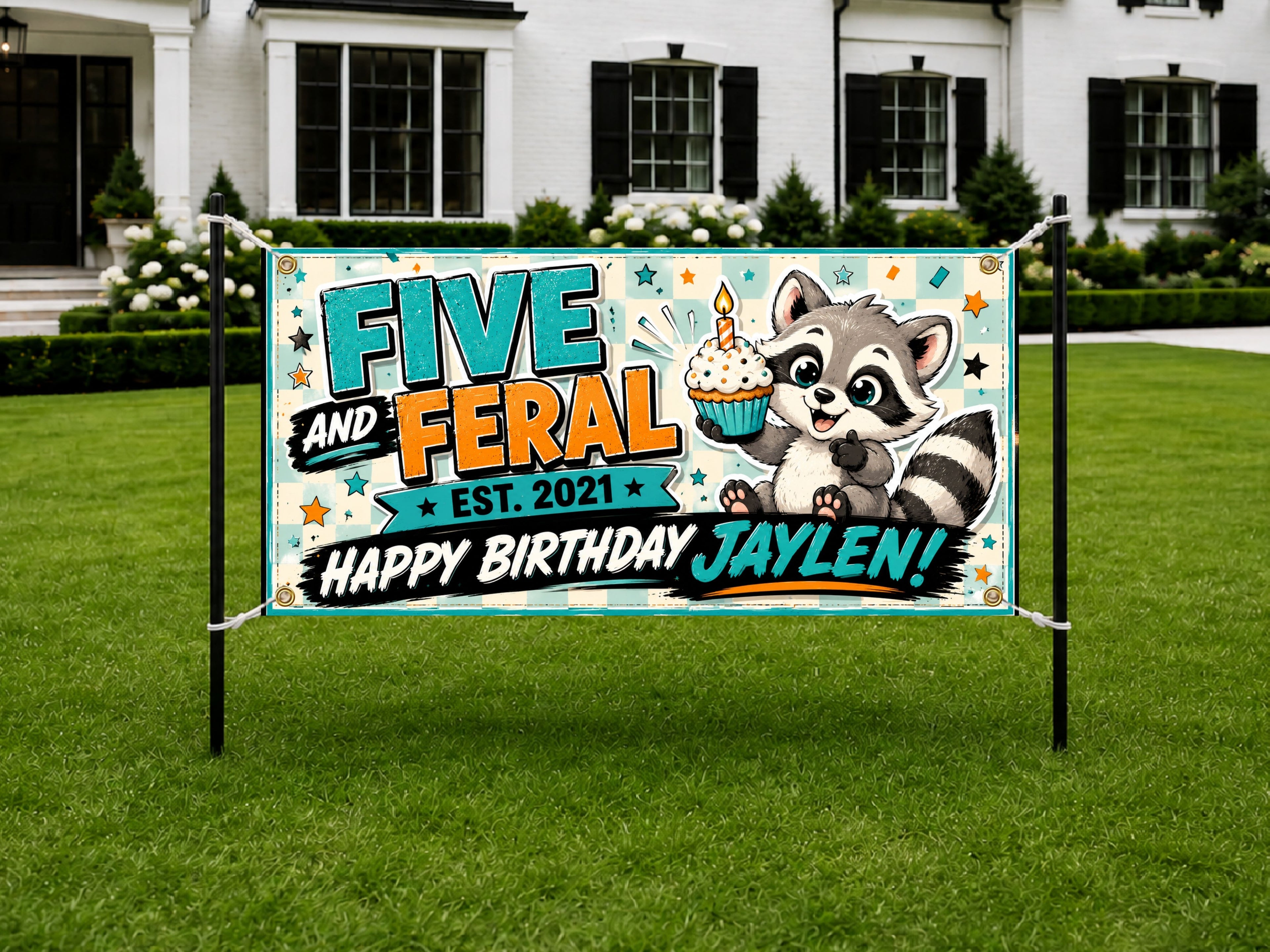 Funny 5th Birthday Banner, Raccoon Party Sign, Boy Backdrop