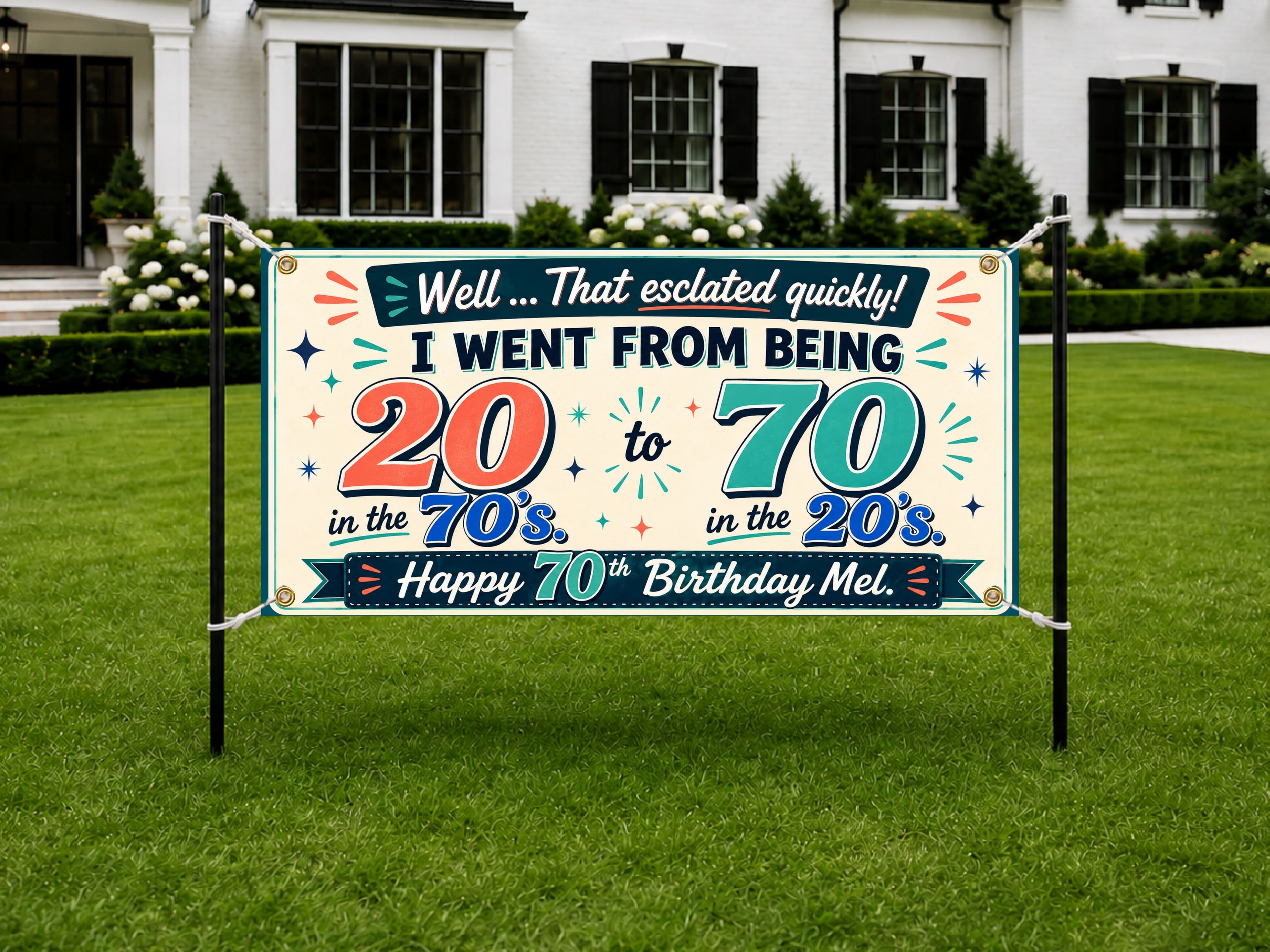 Funny 70th Birthday Banner, 20s and 70s Joke Sign, Party Backdrop