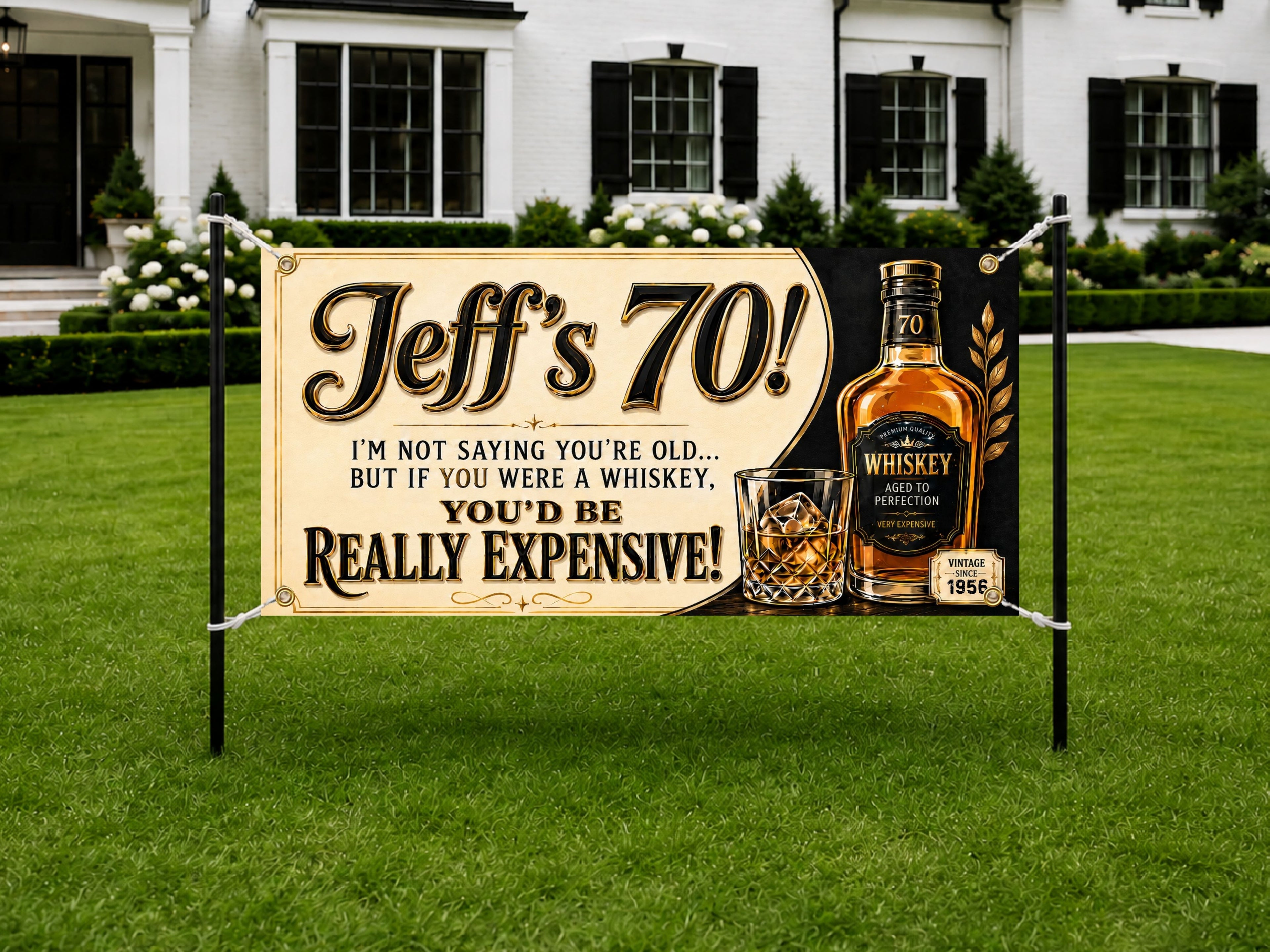 Funny 70th Birthday Banner, Whiskey Party Sign, Mens Photo Backdrop