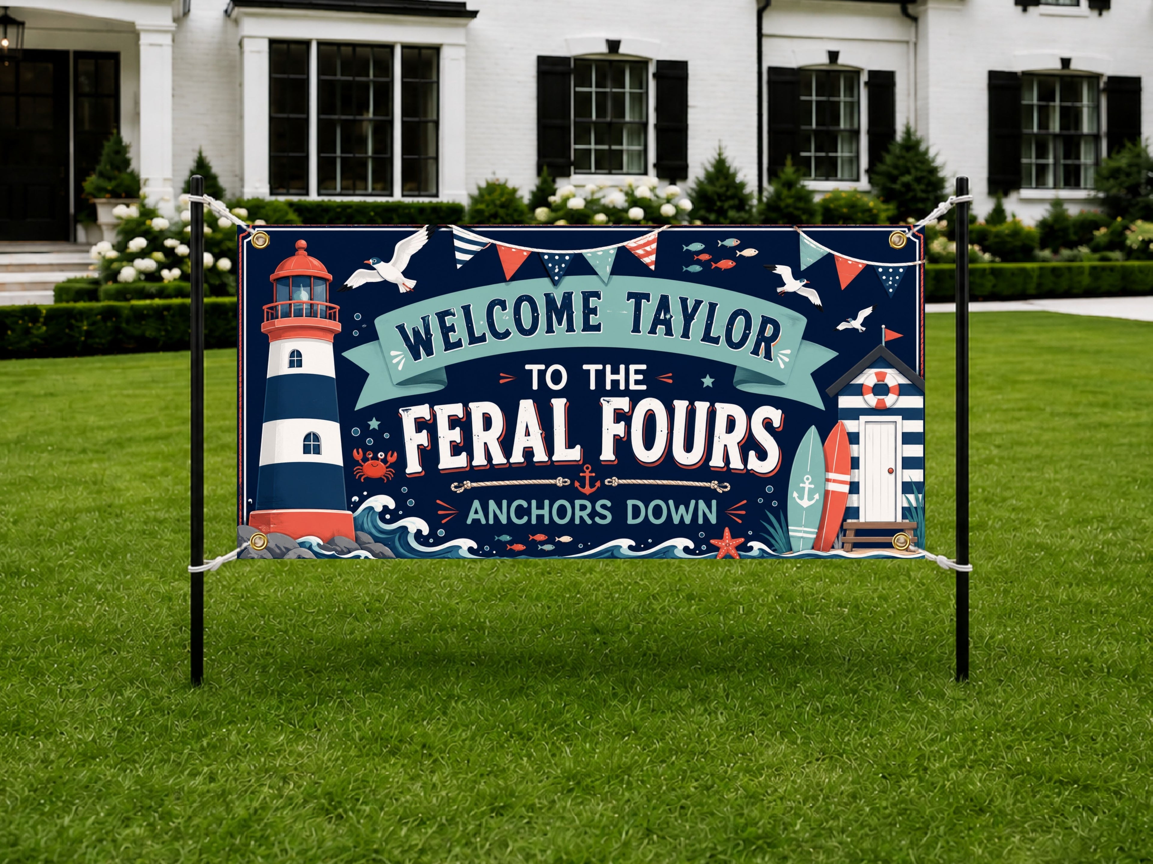 Feral Fours Nautical Birthday Banner, 4 Year Old Beach Birthday Party Decor, Coastal Birthday Sign