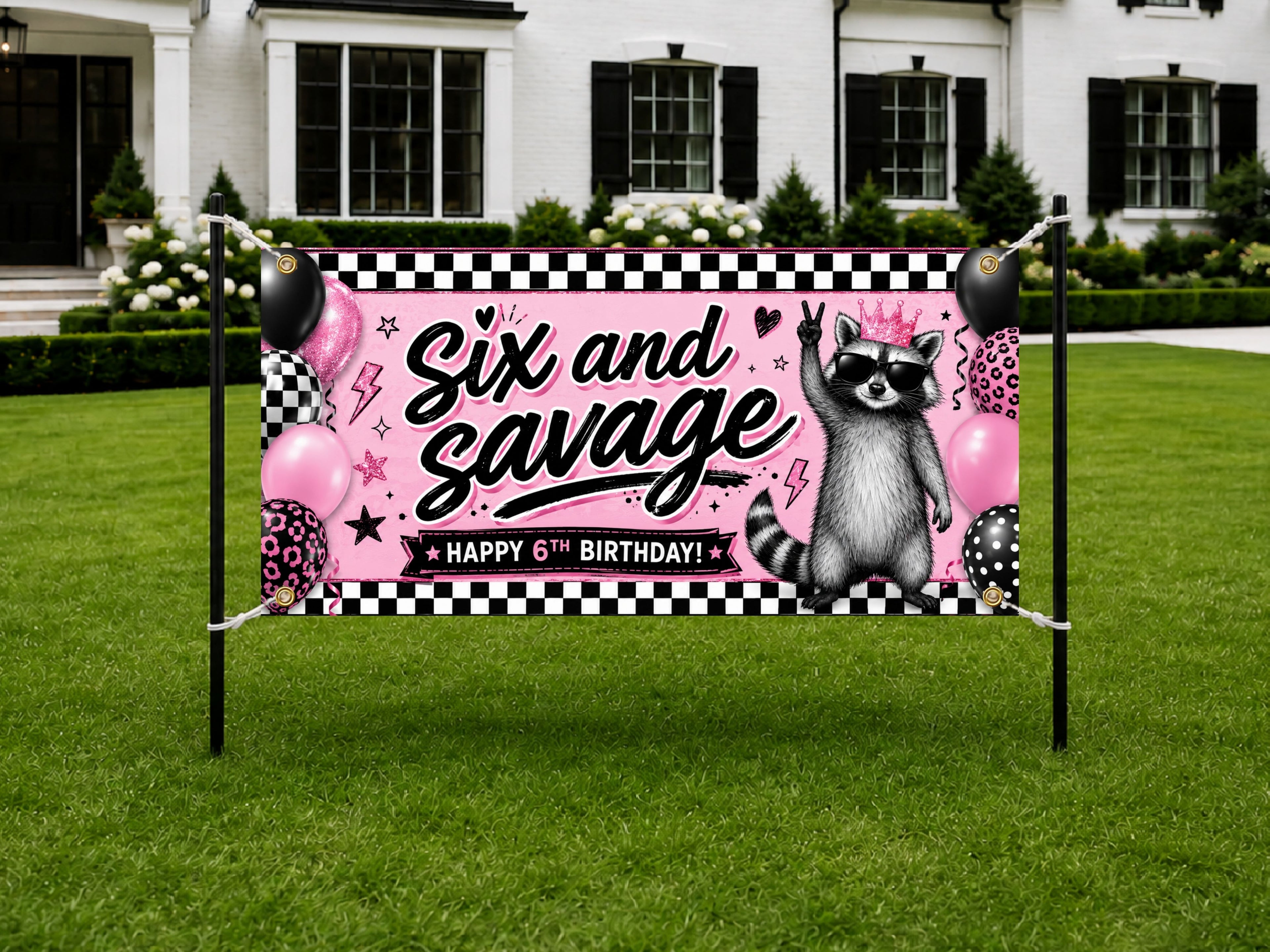 Six and Savage Birthday Banner, 6 Year Old Pink Raccoon Sixth Birthday Party Decor