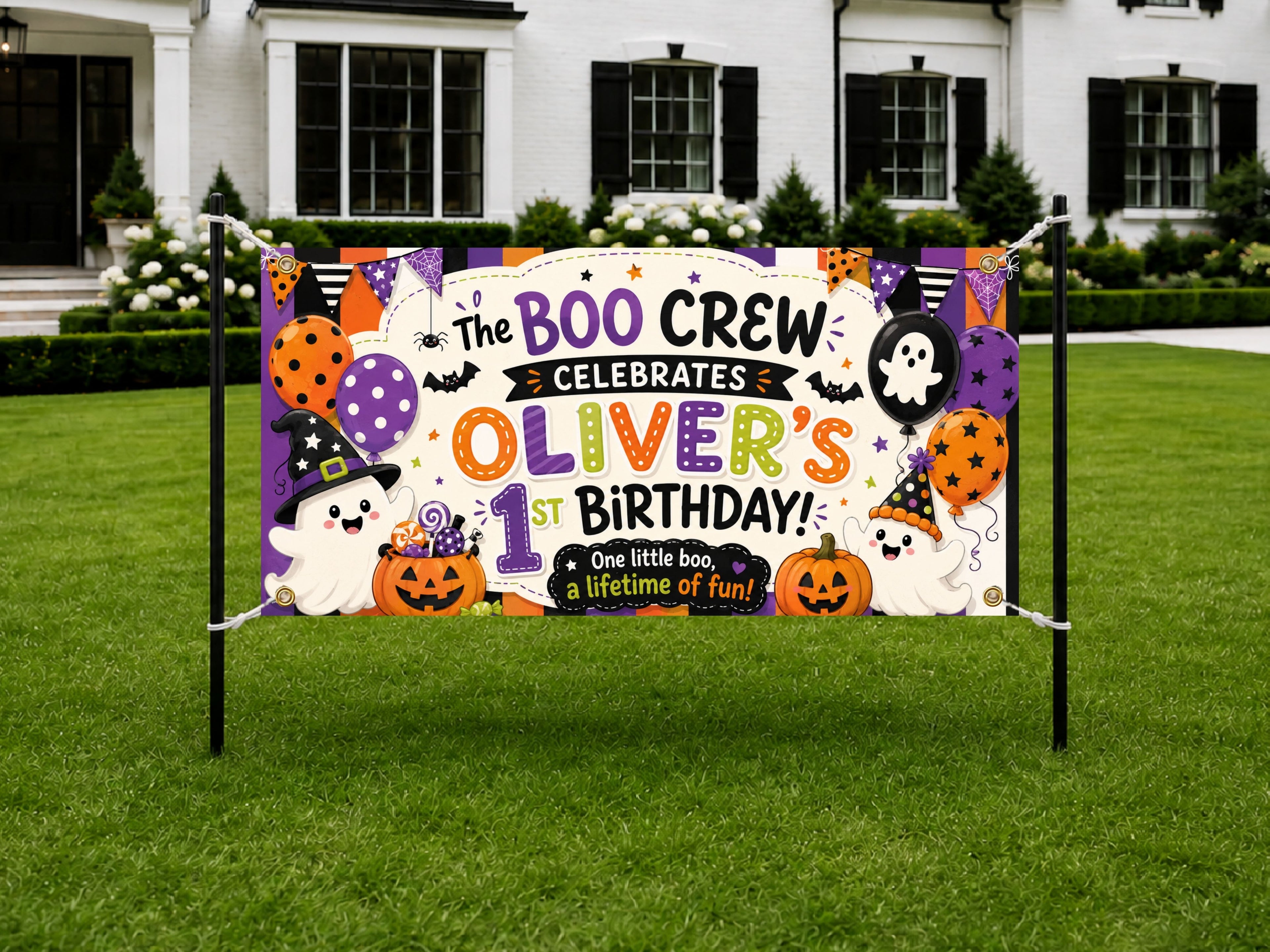 Personalized 1st Birthday Banner, Boo Crew Ghost Party Sign, Halloween Backdrop