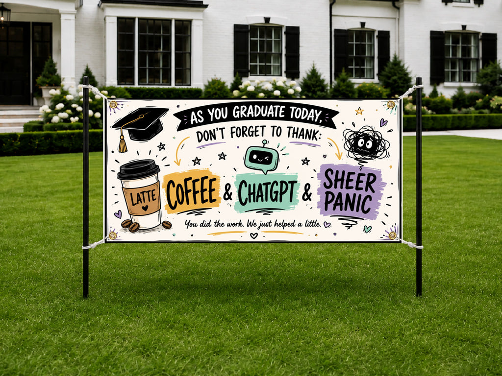 Funny Graduation Banner, Graduate Party Sign, Coffee ChatGPT Backdrop