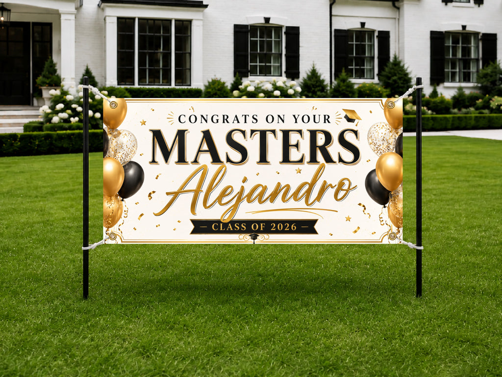 Masters Graduation Banner, Personalized Grad Party Sign, Custom Name Backdrop