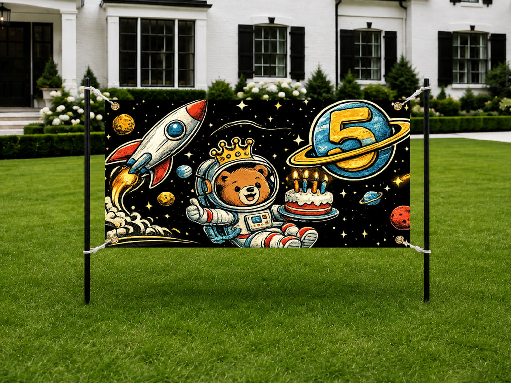 Space 5th Birthday Banner, Astronaut Bear Party Sign, Fifth Birthday Space Decor