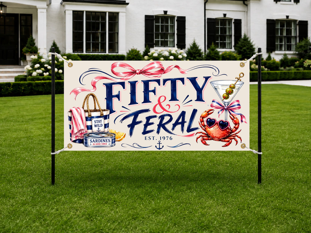 Fifty & Feral 50th Birthday Banner, Coastal  Grandmillennial Birthday Party Decor