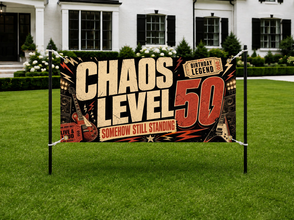 Funny 50th Birthday Banner, Chaos Level Fifty Sign, Party Backdrop