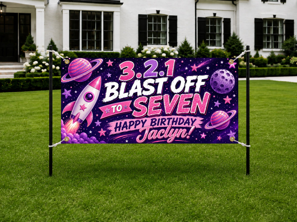 7th Birthday Banner, Space Rocket Party Sign, Girl Photo Backdrop