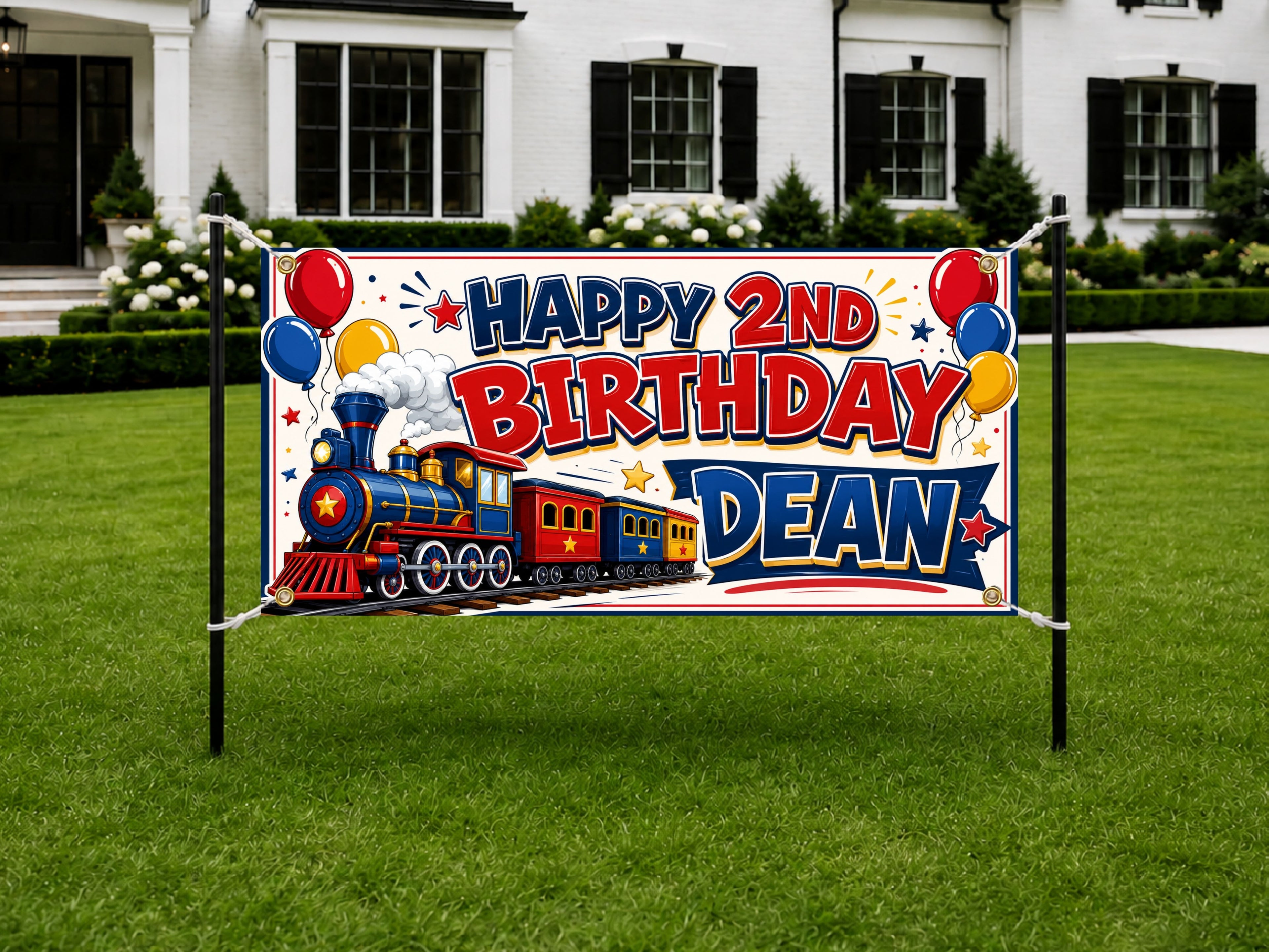 2nd Birthday Train Banner, Boy Party Sign, Personalized Backdrop