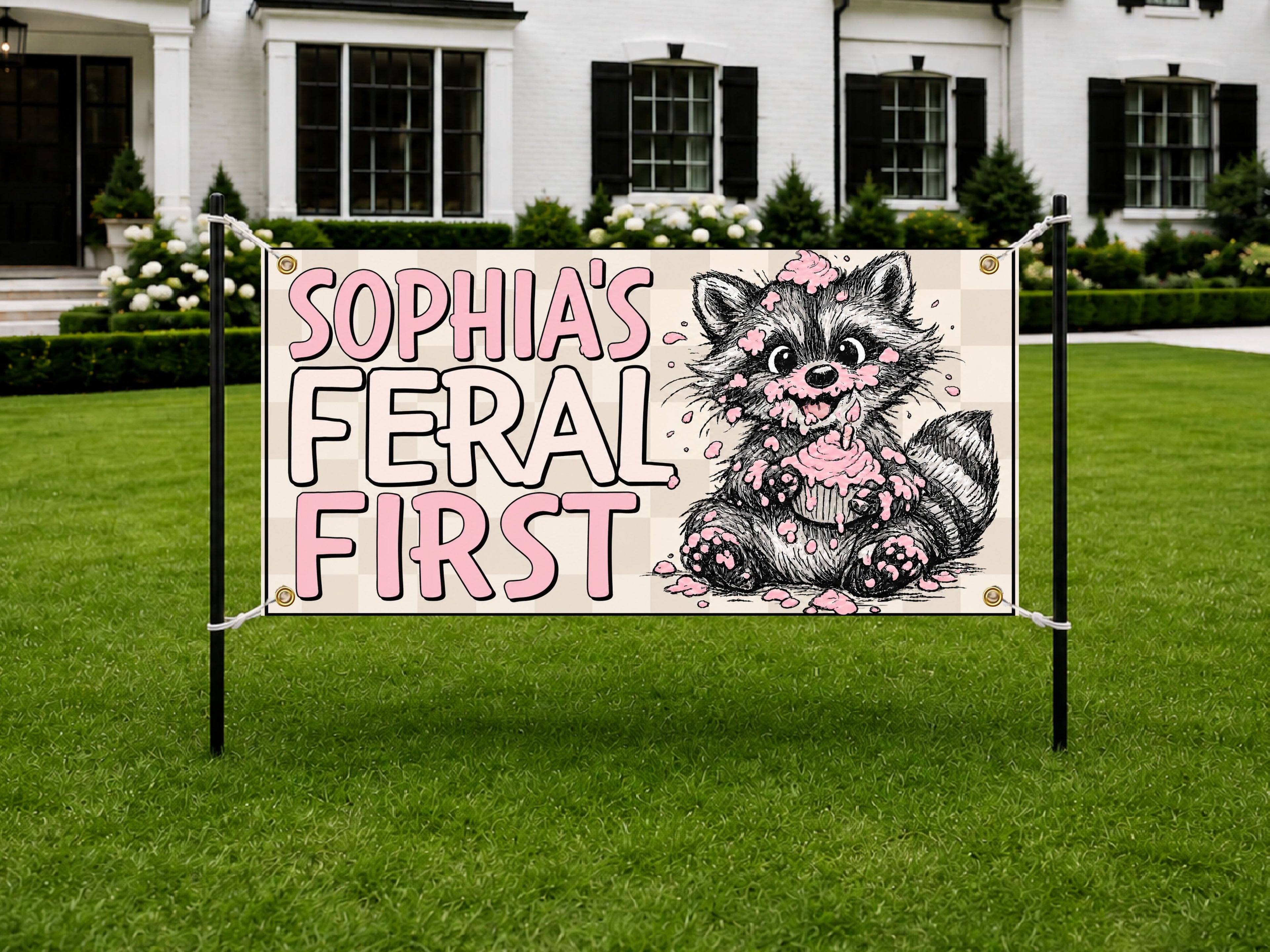 1st Birthday Banner, Feral Raccoon Party Sign, Girl Backdrop
