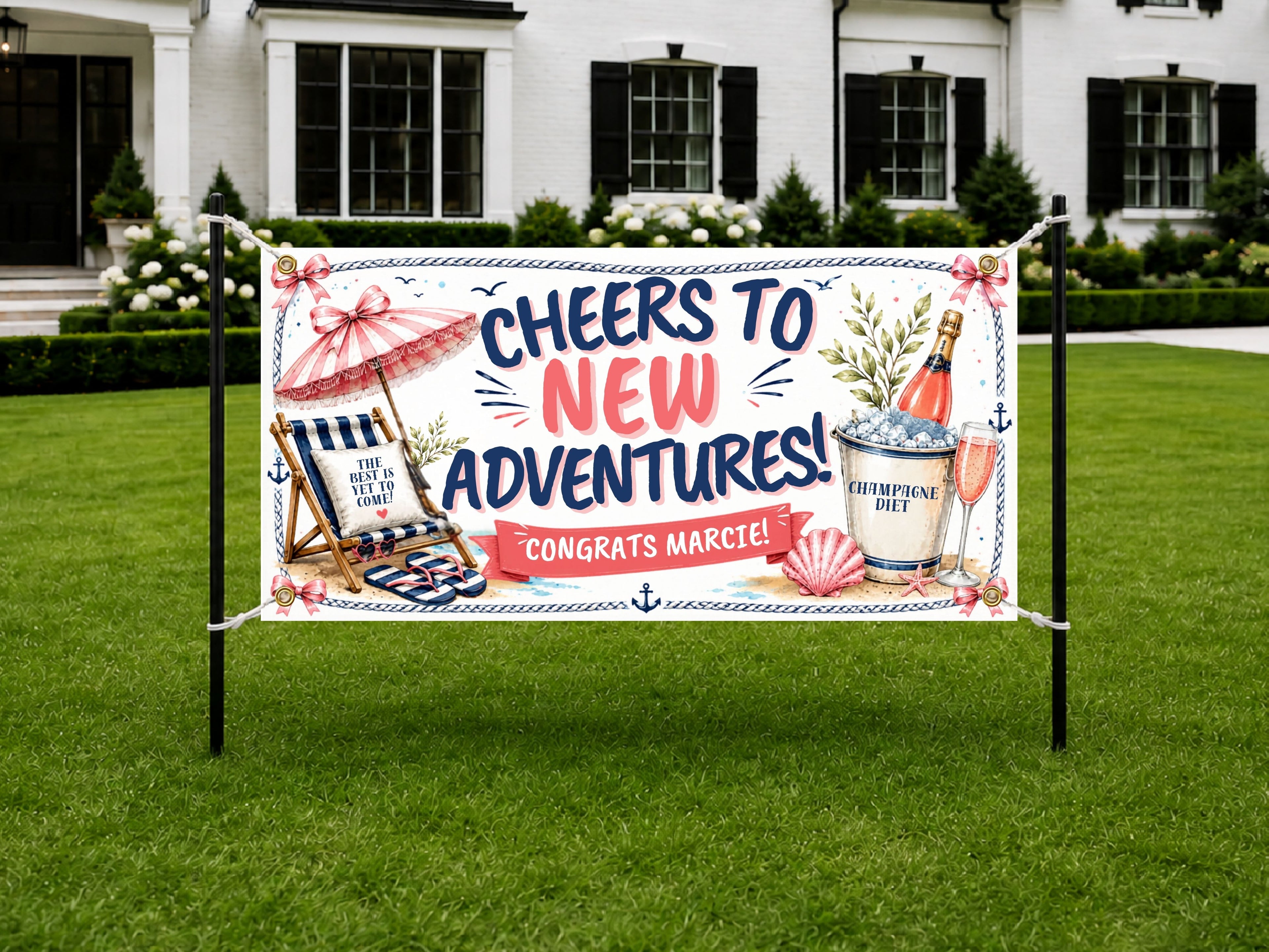 Funny Women's Retirement Banner | Cheers to New Adventures Coastal Champagne
