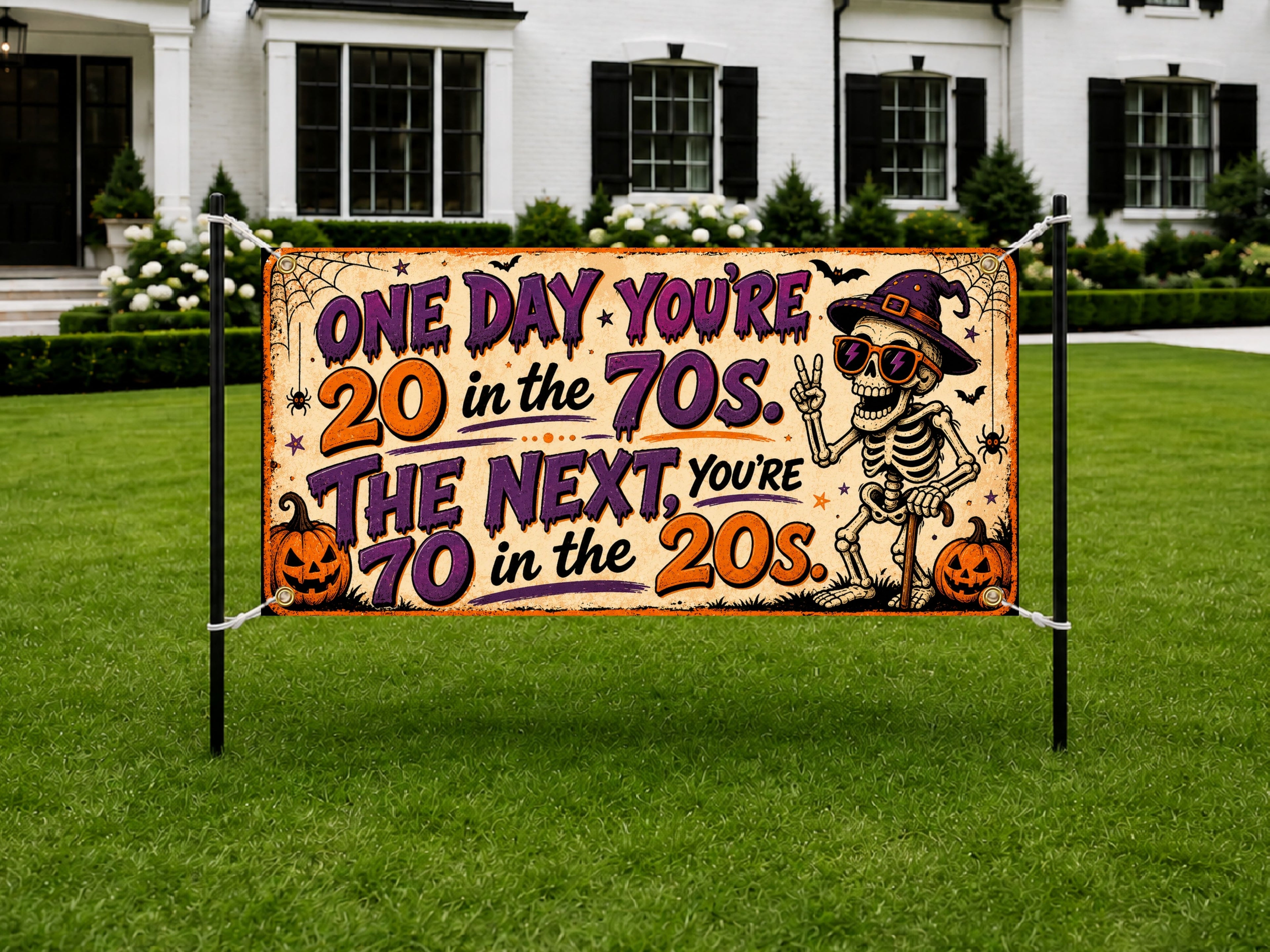 Funny 70th Birthday Banner, Skeleton Joke Sign, Halloween Backdrop