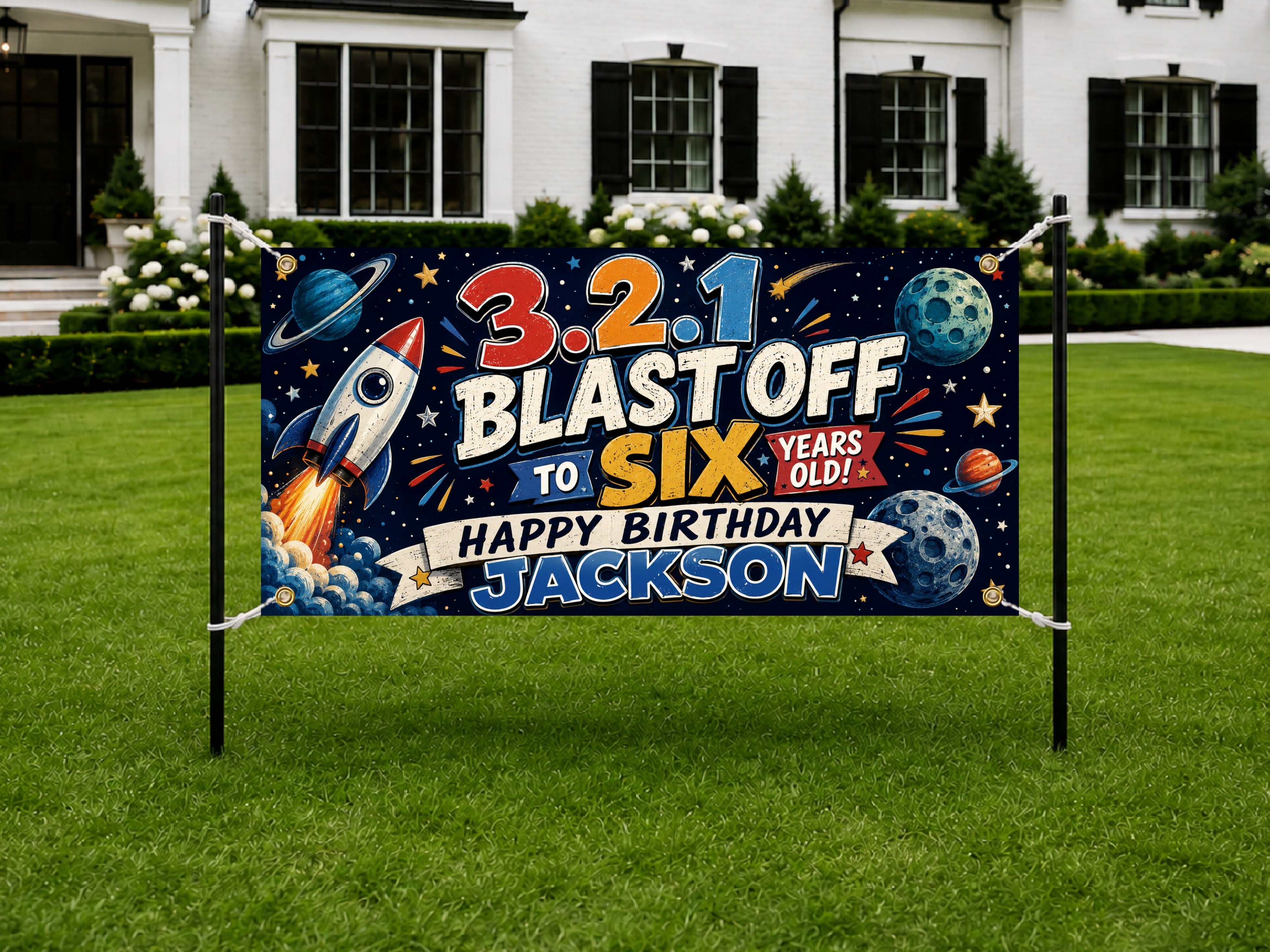 6th Birthday Banner, Space Rocket Party Sign, Boy Photo Backdrop